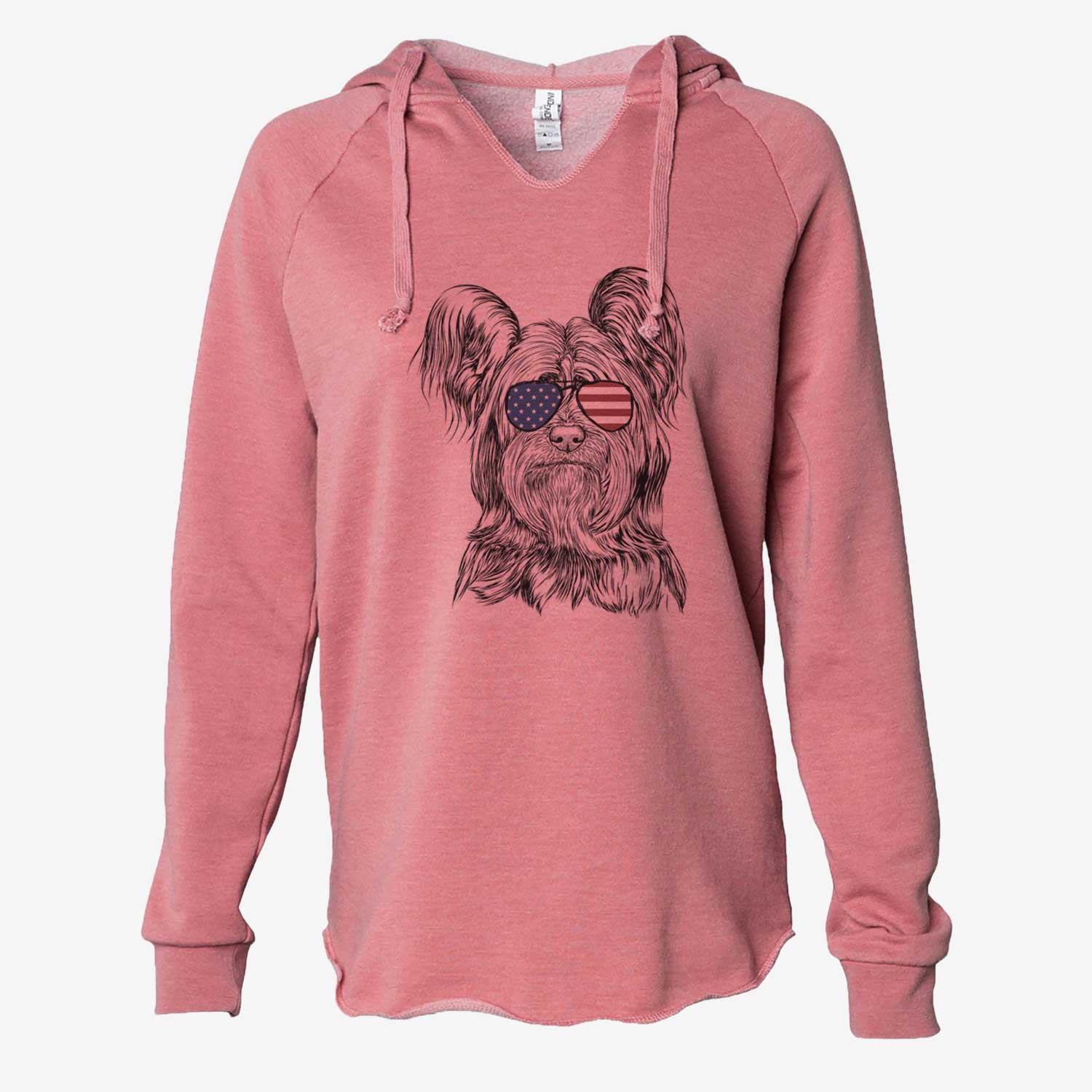 Hand-drawn sketch of Bandit the Skye Terrier wearing American flag sunglasses on a Dusty Rose Cali Wave Hooded Sweatshirt