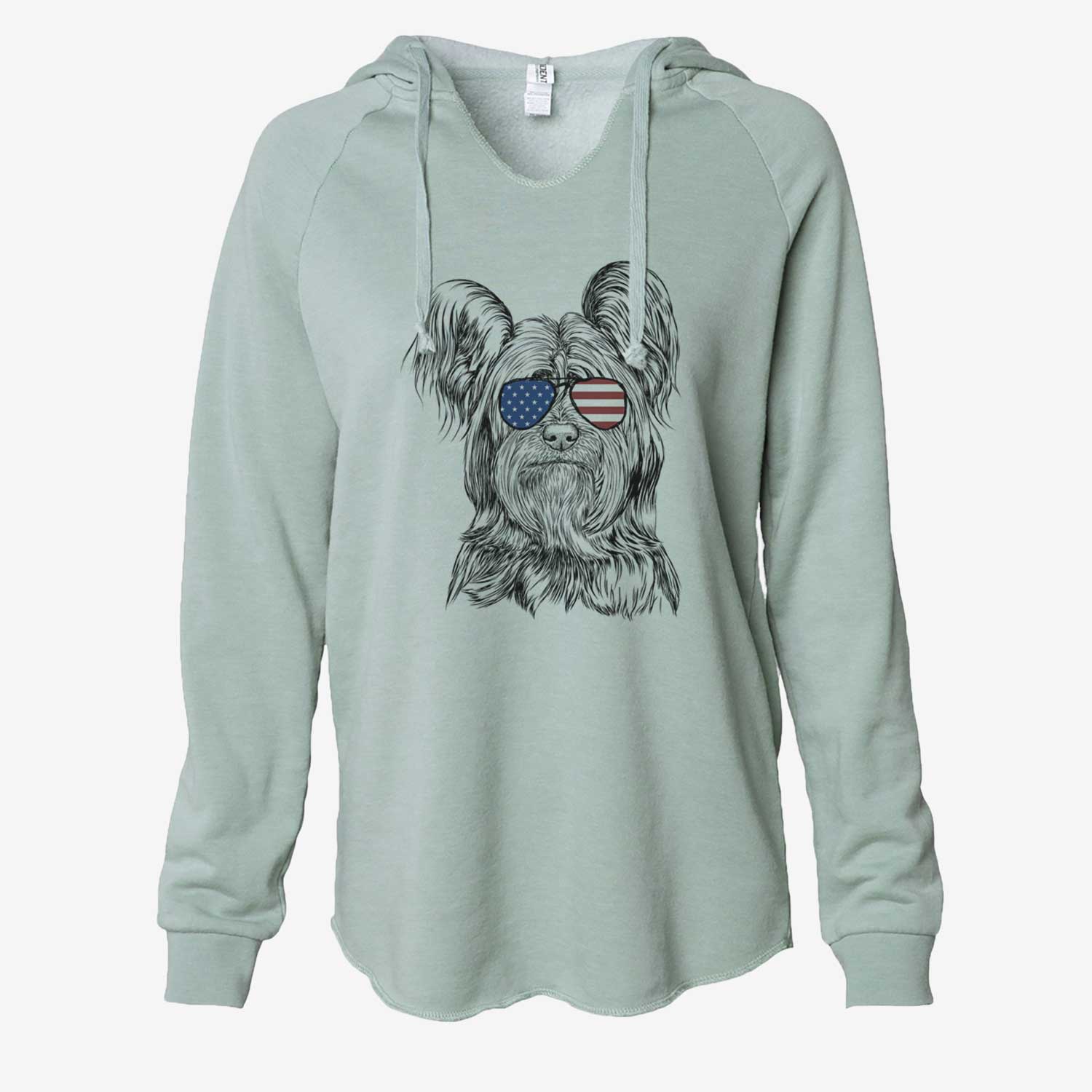 Hand-drawn sketch of Bandit the Skye Terrier wearing American flag sunglasses on a Sage Cali Wave Hooded Sweatshirt