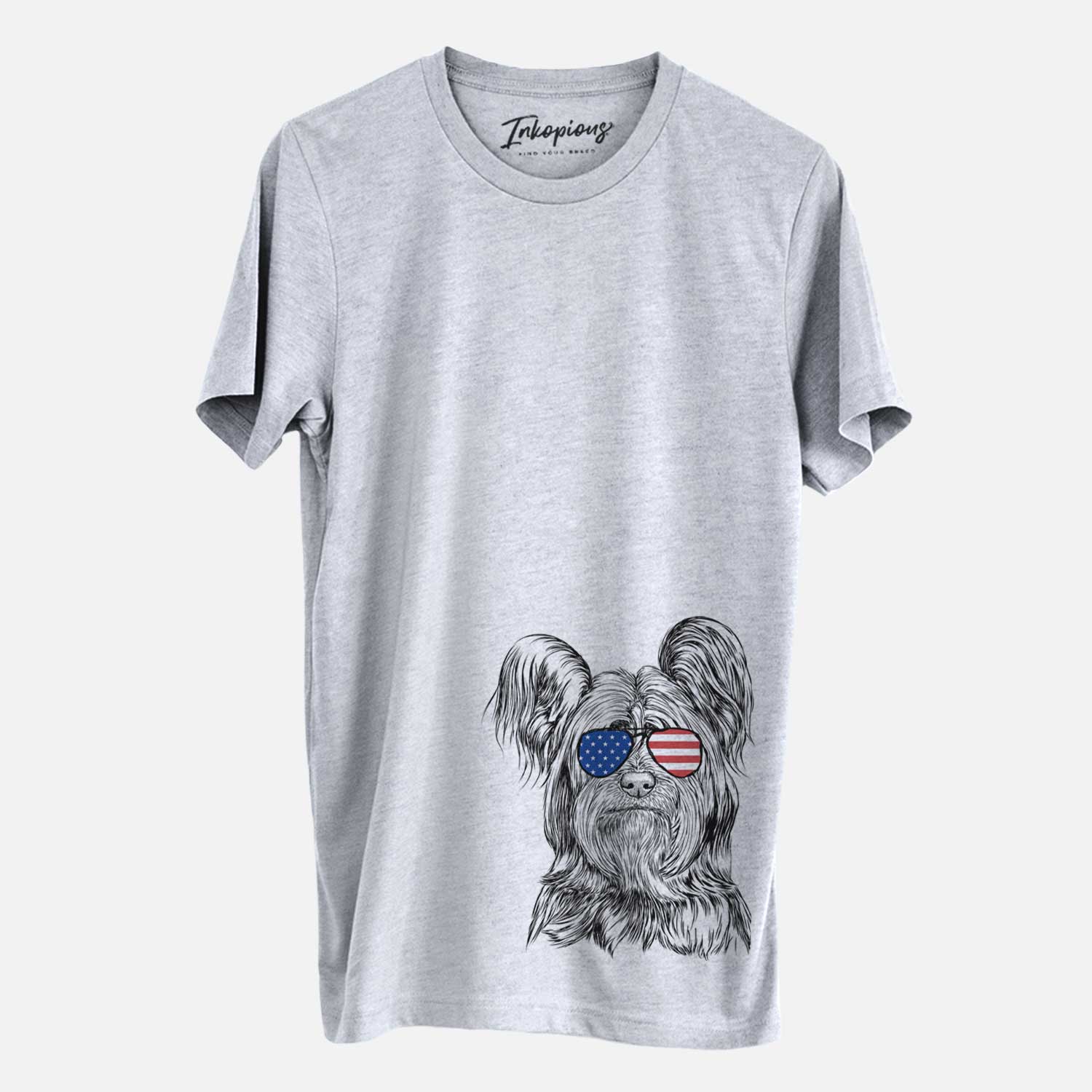 Hand-drawn sketch of Bandit the Skye Terrier wearing American flag sunglasses on a Grey Unisex crewneck