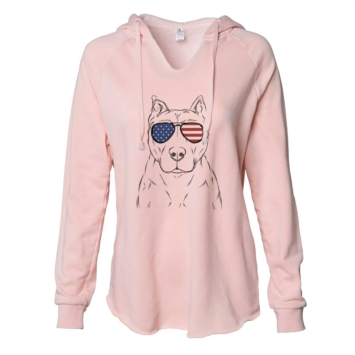 Hand-drawn sketch of Bane the Pitbull Mix wearing American flag sunglasses on a Blush Cali Wave Hooded Sweatshirt