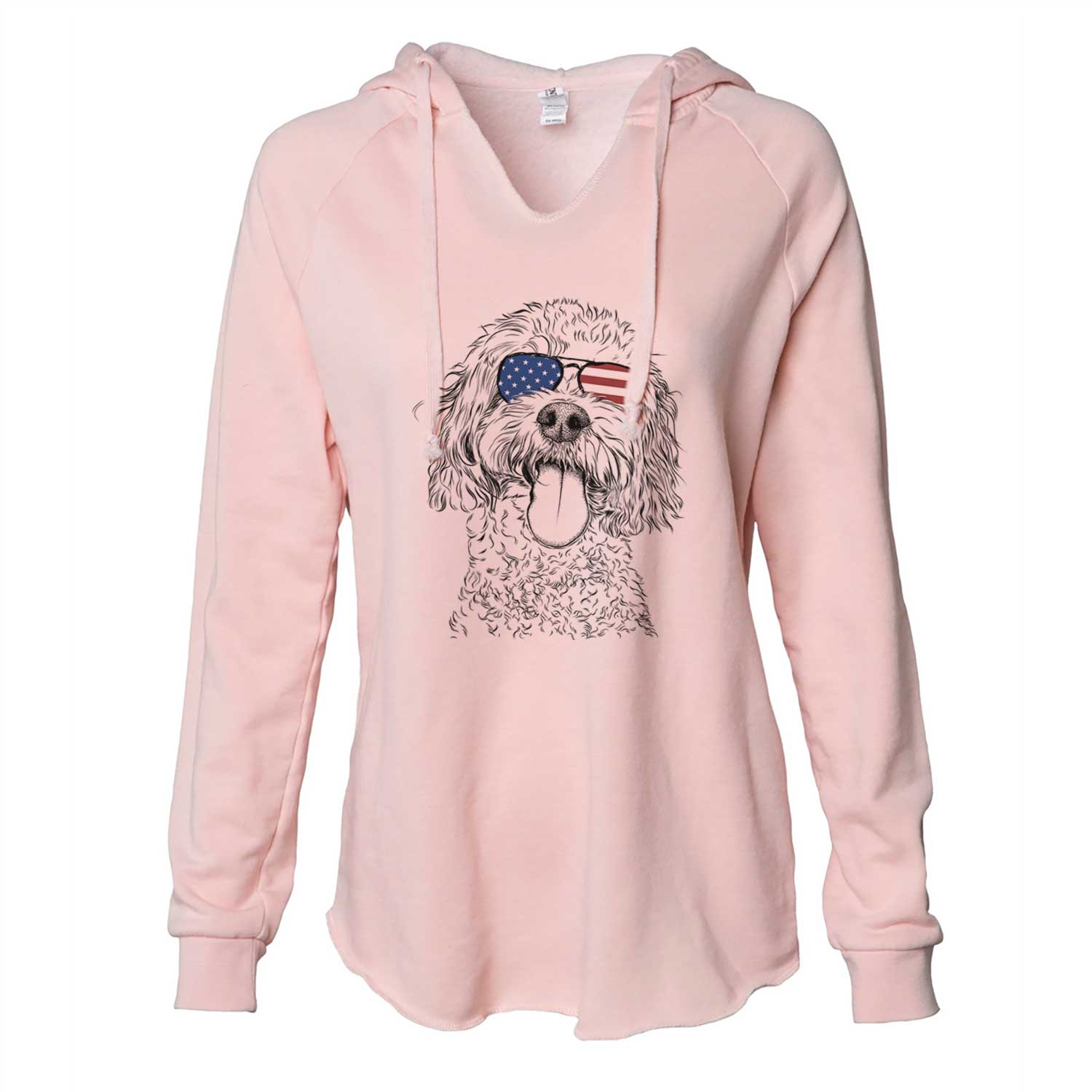 Hand-drawn sketch of Barney the Cavachon wearing American flag sunglasses on a Blush Cali Wave Hooded Sweatshirt