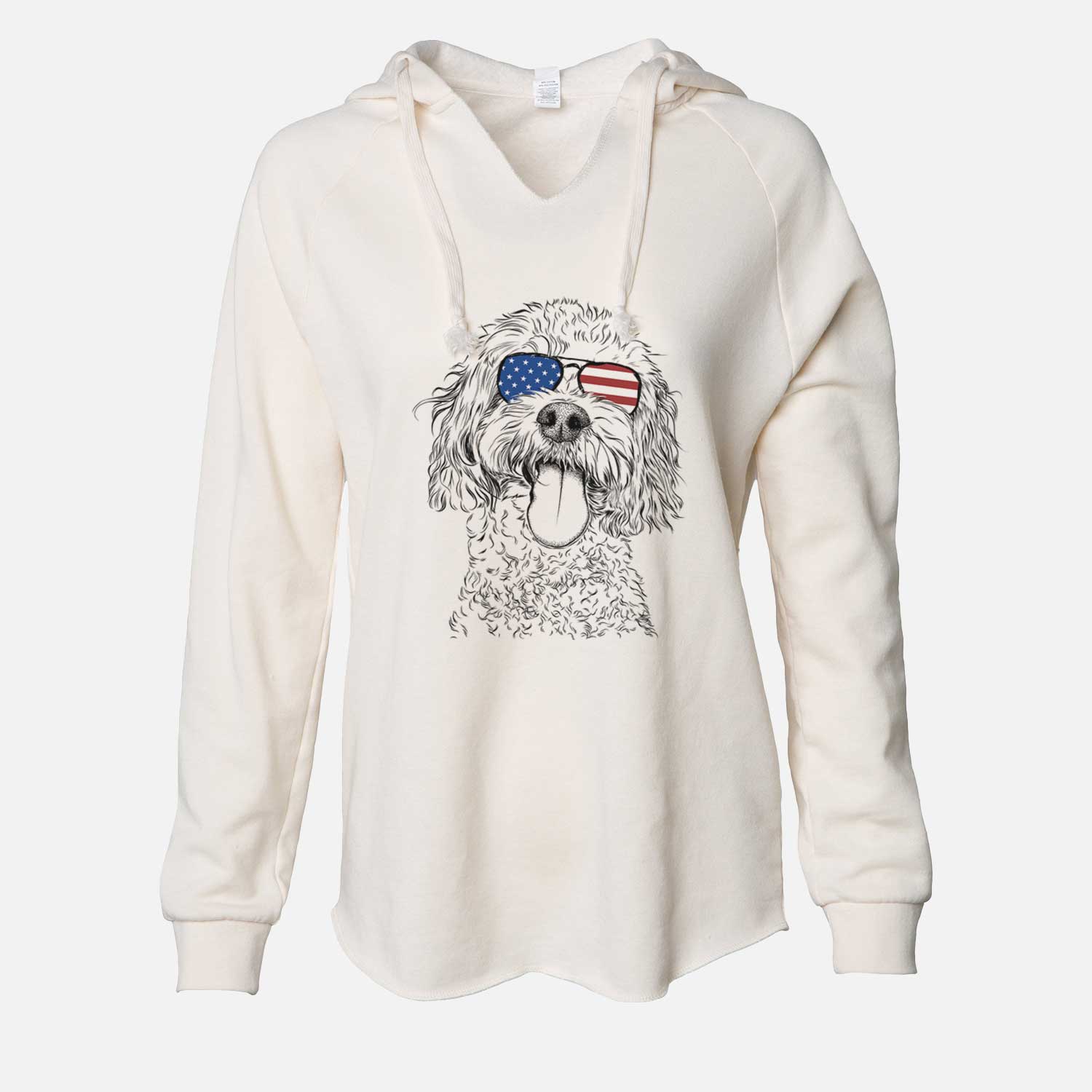 Hand-drawn sketch of Barney the Cavachon wearing American flag sunglasses on a Bone Cali Wave Hooded Sweatshirt