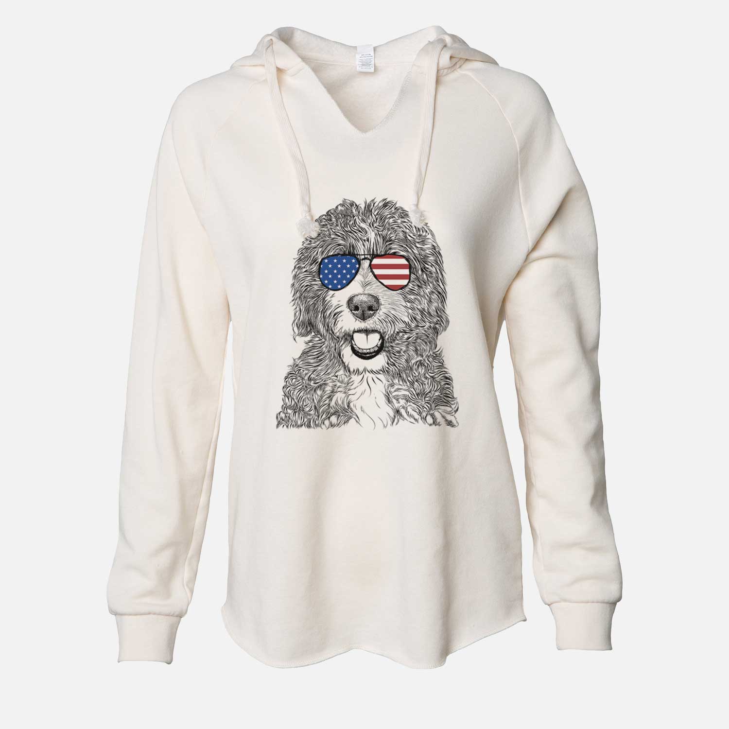 Hand-drawn sketch of Bash the Bernedoodle wearing American flag sunglasses on a Bone Cali Wave Hooded Sweatshirt