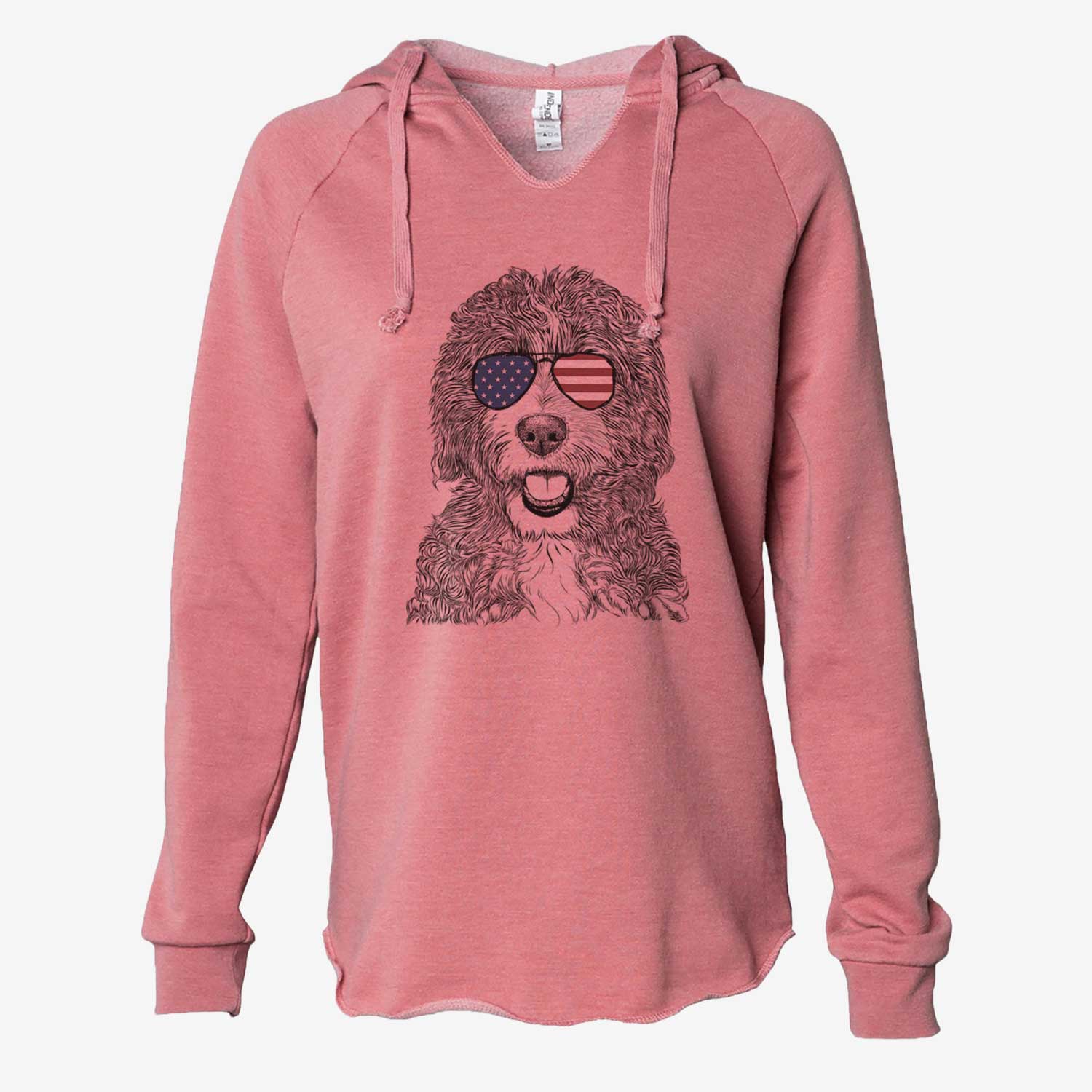 Hand-drawn sketch of Bash the Bernedoodle wearing American flag sunglasses on a Dusty Rose Cali Wave Hooded Sweatshirt