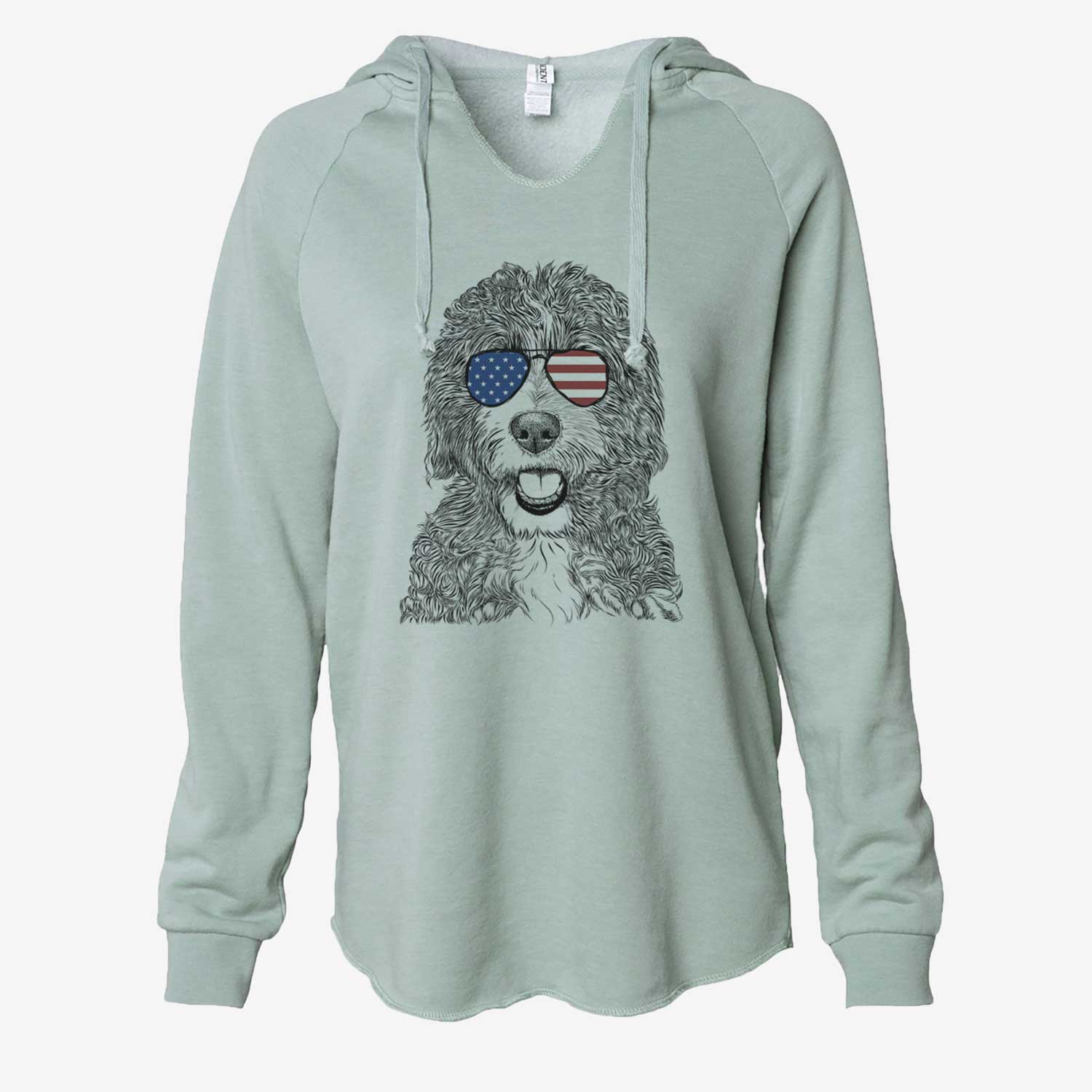 Hand-drawn sketch of Bash the Bernedoodle wearing American flag sunglasses on a Sage Cali Wave Hooded Sweatshirt