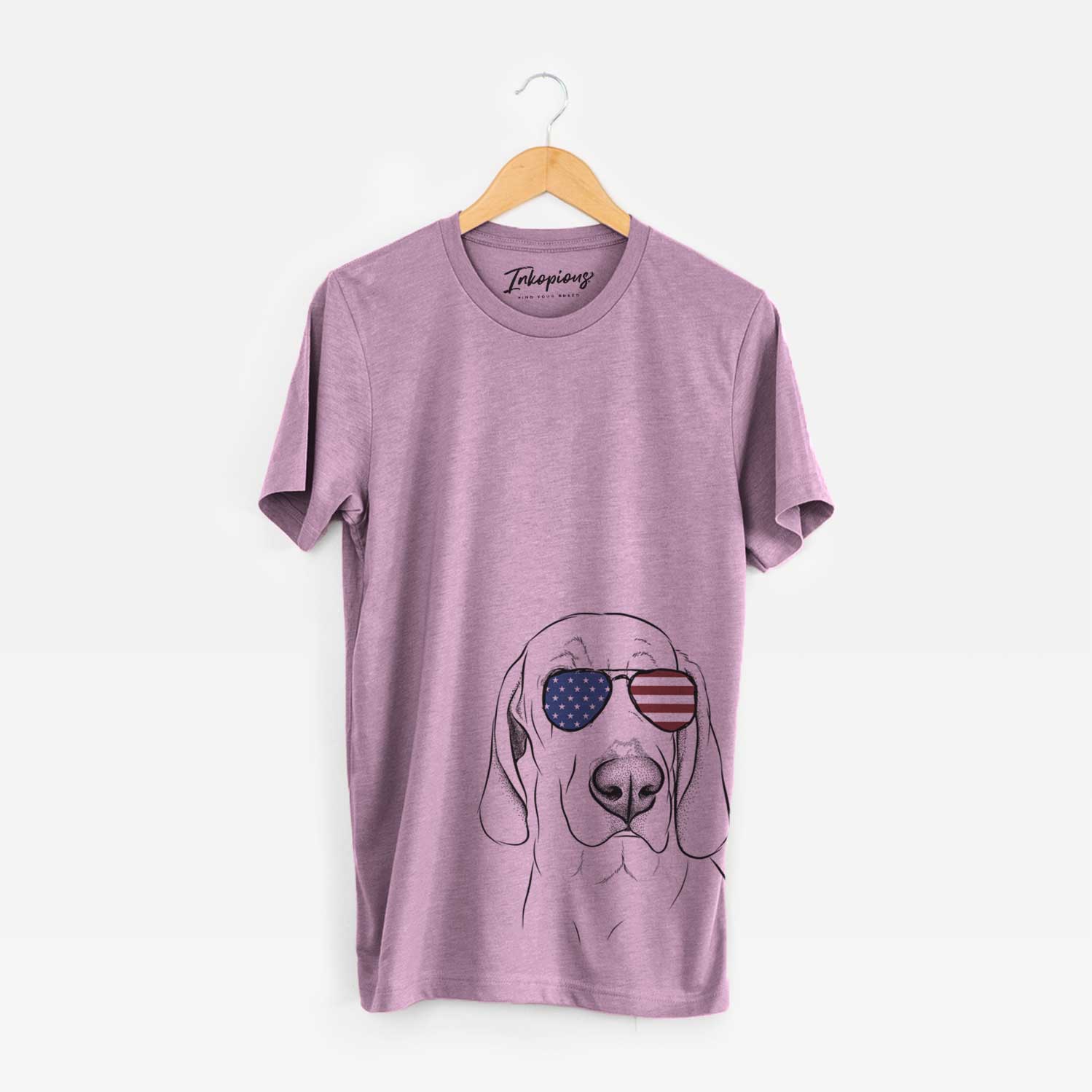 Hand-drawn sketch of Beauregard the American Redbone Coonhound wearing American flag sunglasses on an Orchid Unisex crewneck