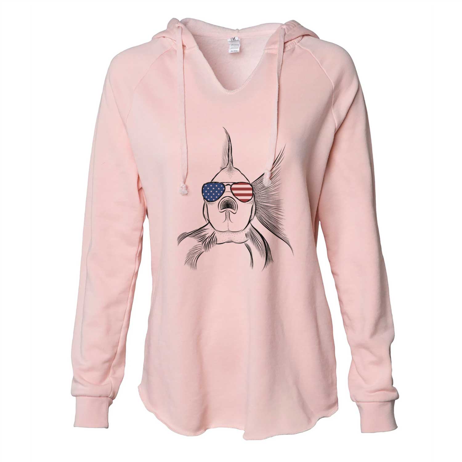 Hand-drawn sketch of Beefcake the Goldfish wearing American flag sunglasses on a Blush Cali Wave Hooded Sweatshirt