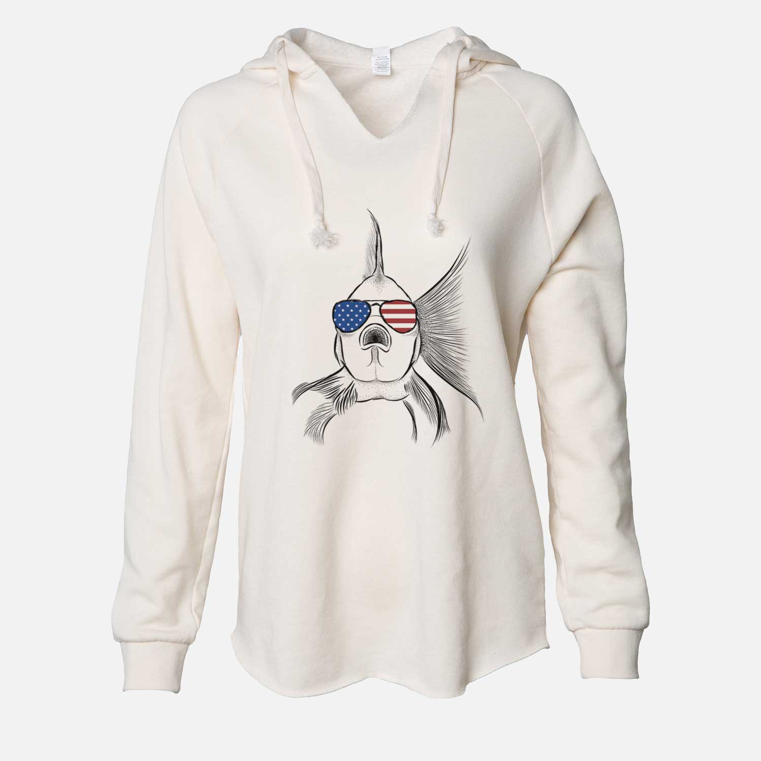 Hand-drawn sketch of Beefcake the Goldfish wearing American flag sunglasses on a Bone Cali Wave Hooded Sweatshirt