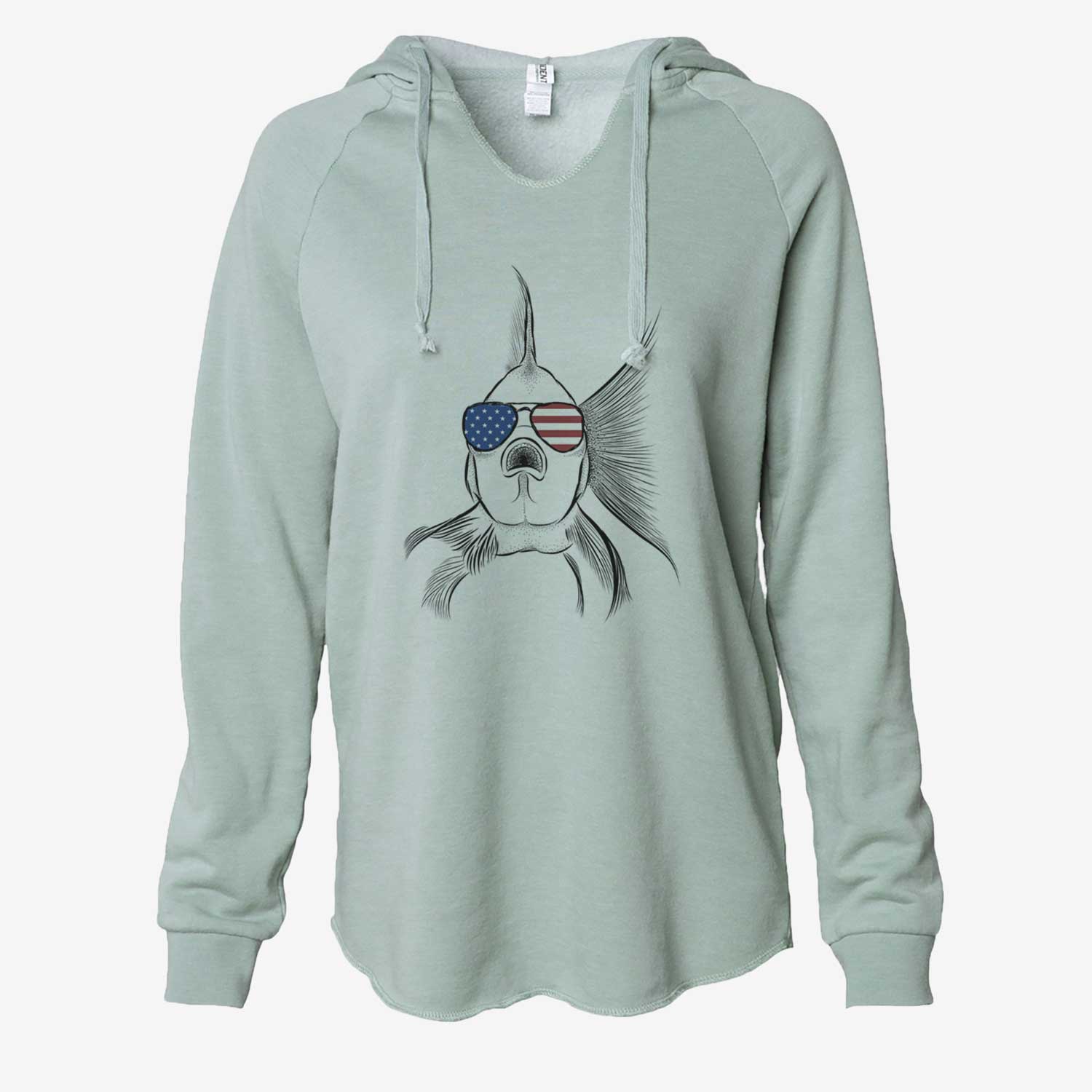 Hand-drawn sketch of Beefcake the Goldfish wearing American flag sunglasses on a Sage Cali Wave Hooded Sweatshirt