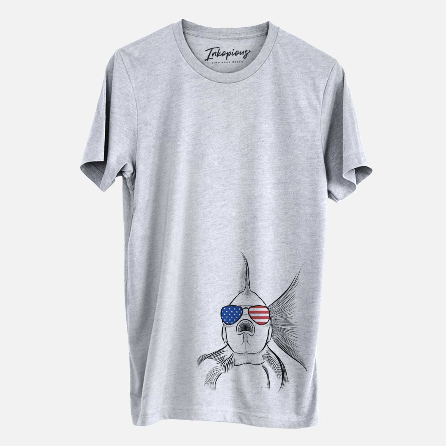 Hand-drawn sketch of Beefcake the Goldfish wearing American flag sunglasses on a Grey Unisex crewneck