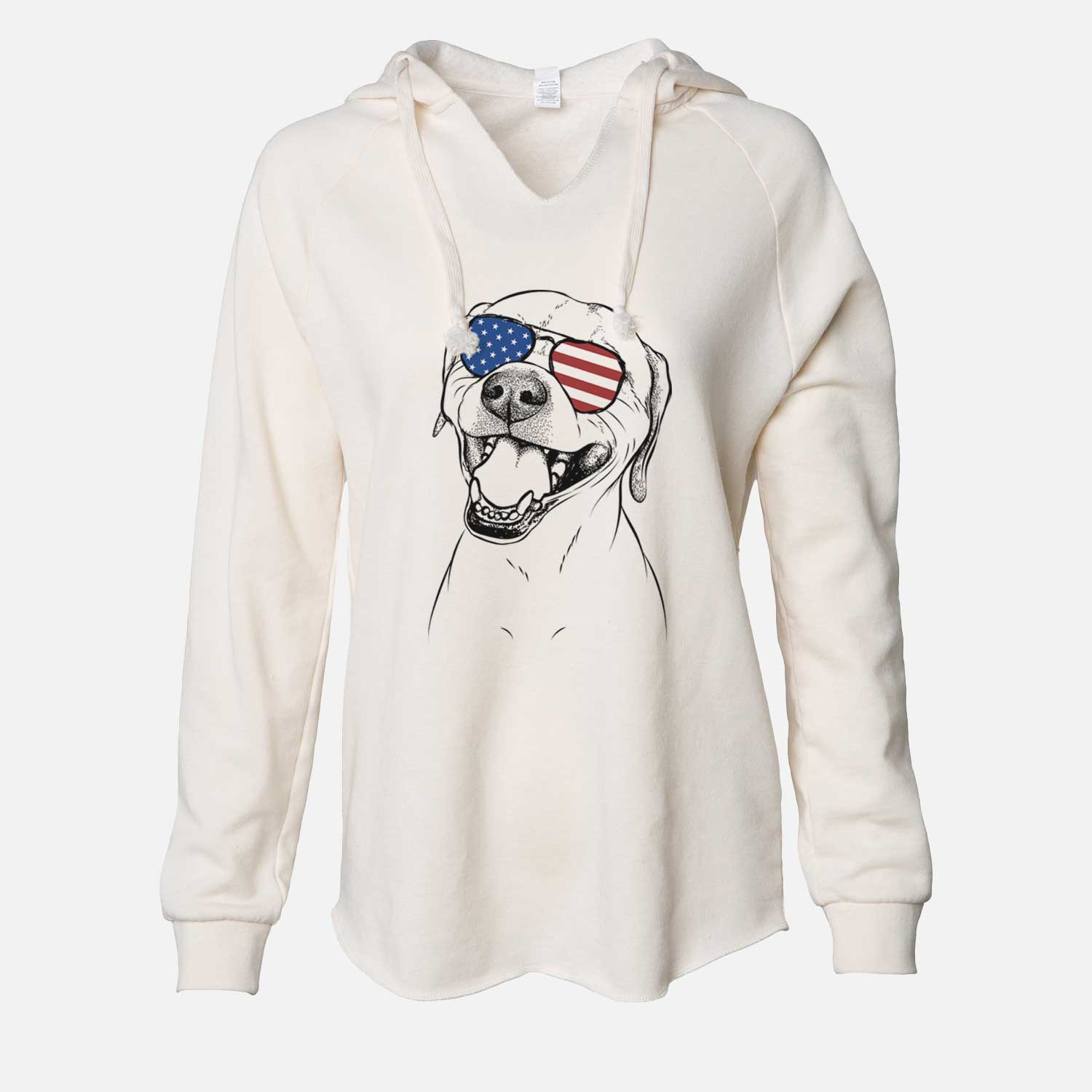 Hand-drawn sketch of Beemer the Boxer Pitbull Terrier Mix wearing American flag sunglasses on a Bone Cali Wave Hooded Sweatshirt