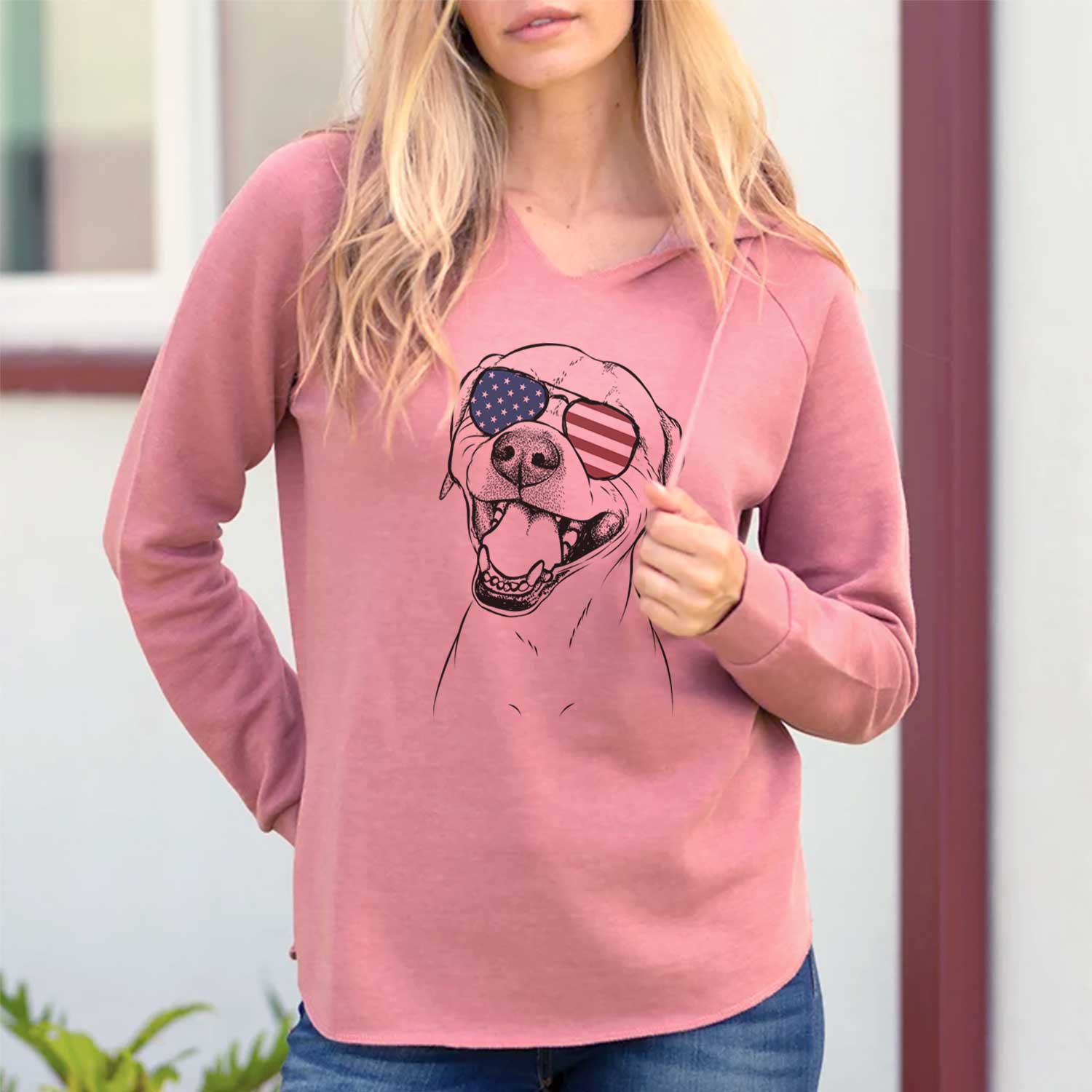 Hand-drawn sketch of Beemer the Boxer Pitbull Terrier Mix wearing American flag sunglasses on a Dusty Rose Cali Wave Hooded Sweatshirt, lifestyle photo