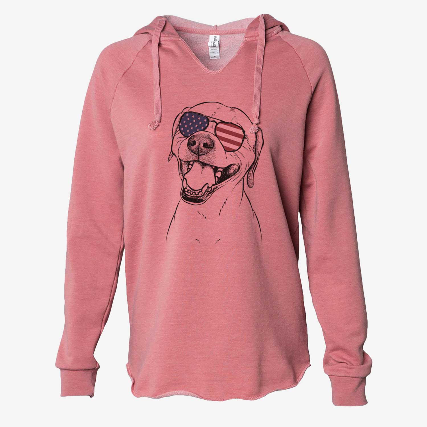 Hand-drawn sketch of Beemer the Boxer Pitbull Terrier Mix wearing American flag sunglasses on a Dusty Rose Cali Wave Hooded Sweatshirt