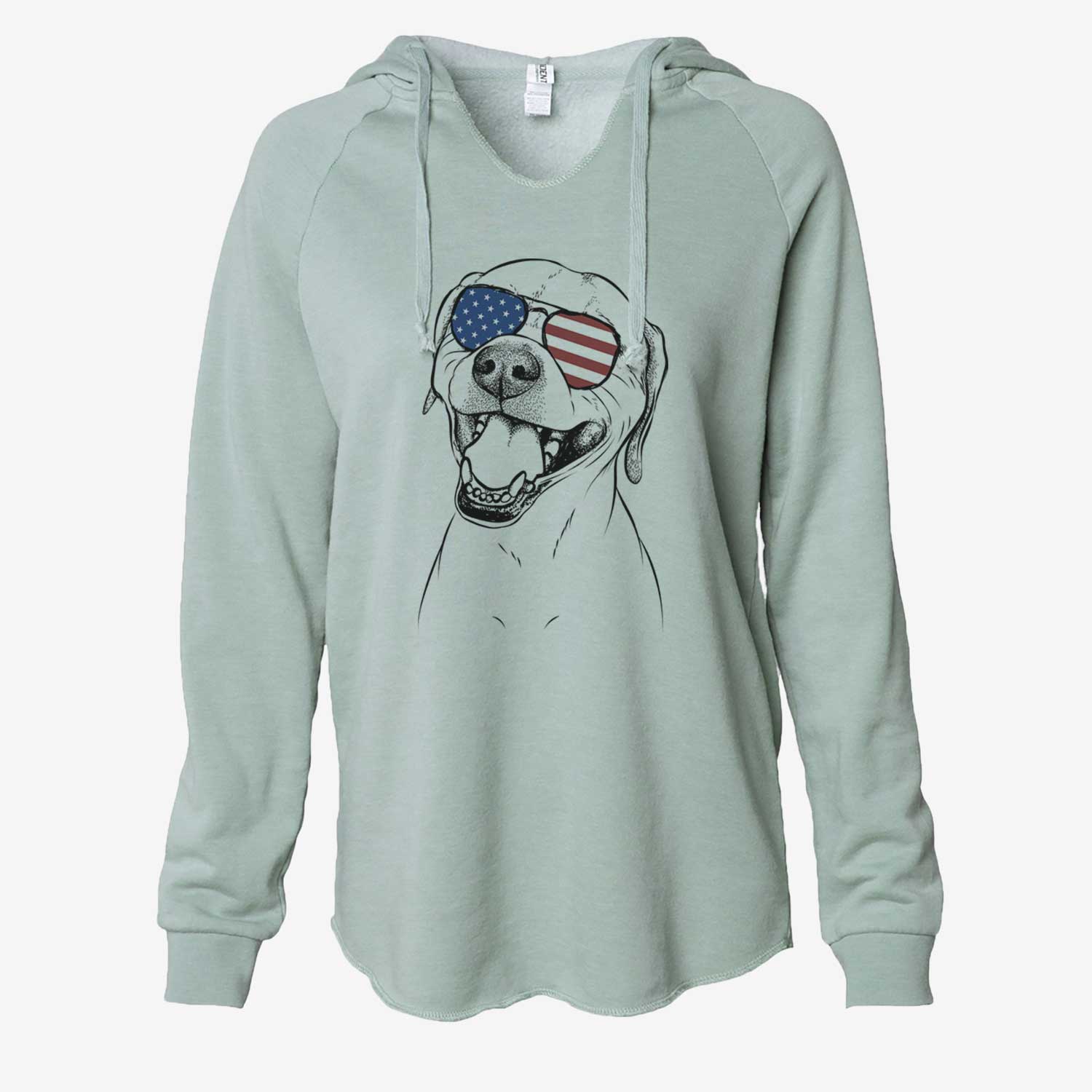 Hand-drawn sketch of Beemer the Boxer Pitbull Terrier Mix wearing American flag sunglasses on a Sage Cali Wave Hooded Sweatshirt