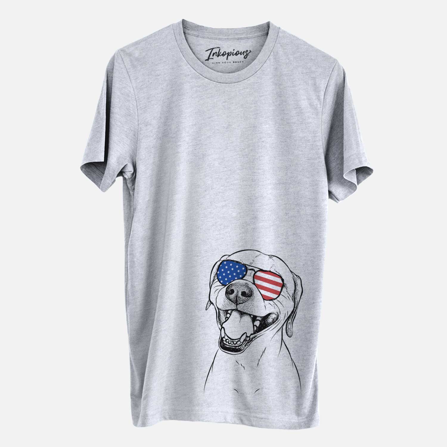 Hand-drawn sketch of Beemer the Boxer Pitbull Terrier Mix wearing American flag sunglasses on a Grey Unisex crewneck