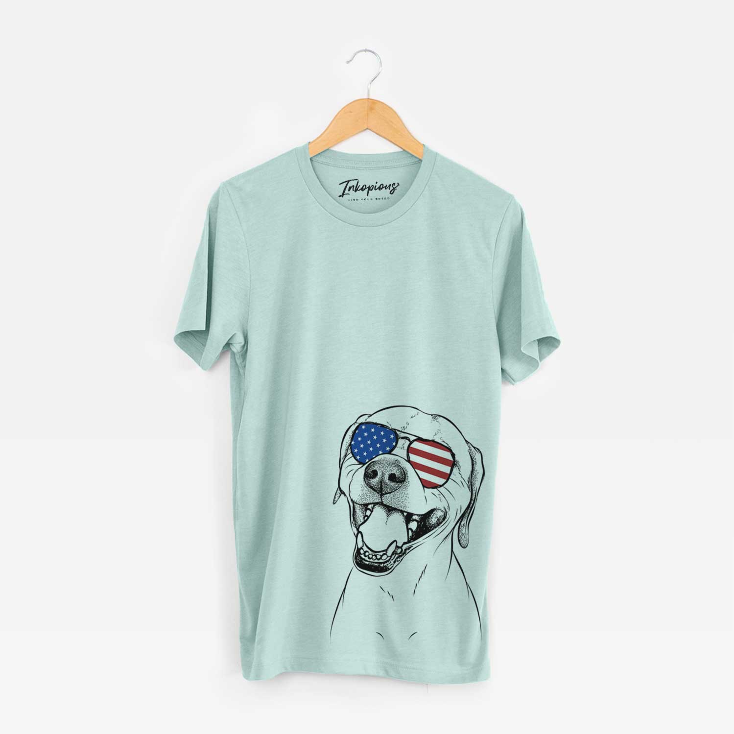 Hand-drawn sketch of Beemer the Boxer Pitbull Terrier Mix wearing American flag sunglasses on a Heather Sage Unisex crewneck
