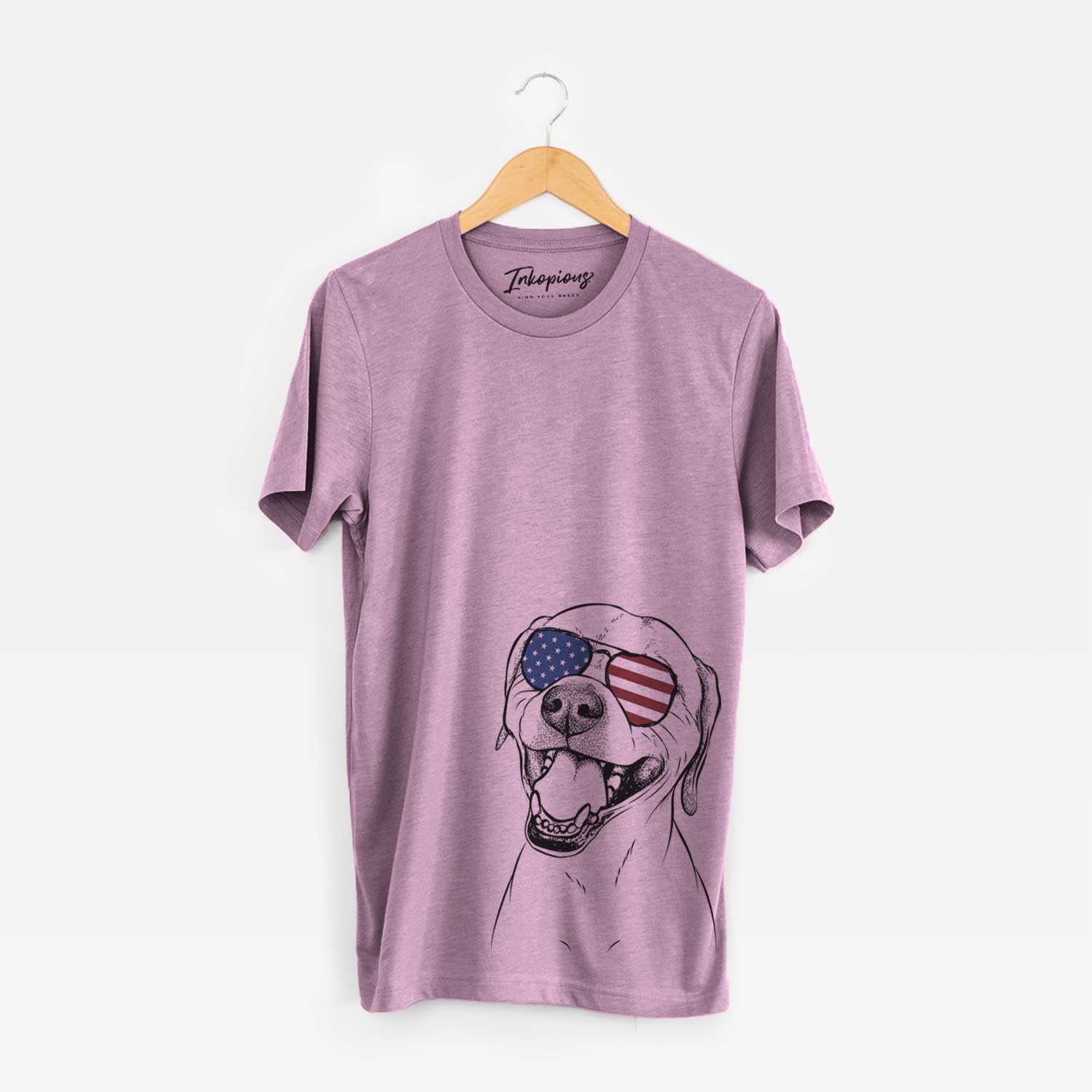 Hand-drawn sketch of Beemer the Boxer Pitbull Terrier Mix wearing American flag sunglasses on an Orchid Unisex crewneck