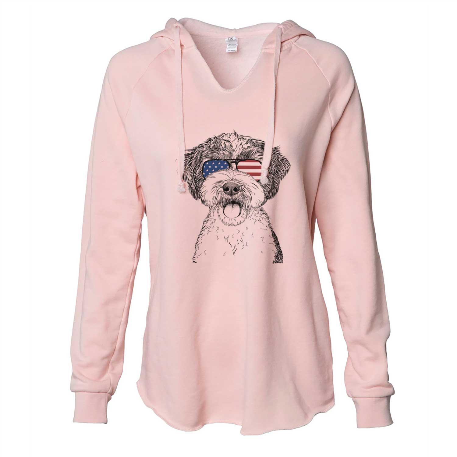 Hand-drawn sketch of Bella the Cockapoo wearing American flag sunglasses on a Blush Cali Wave Hooded Sweatshirt