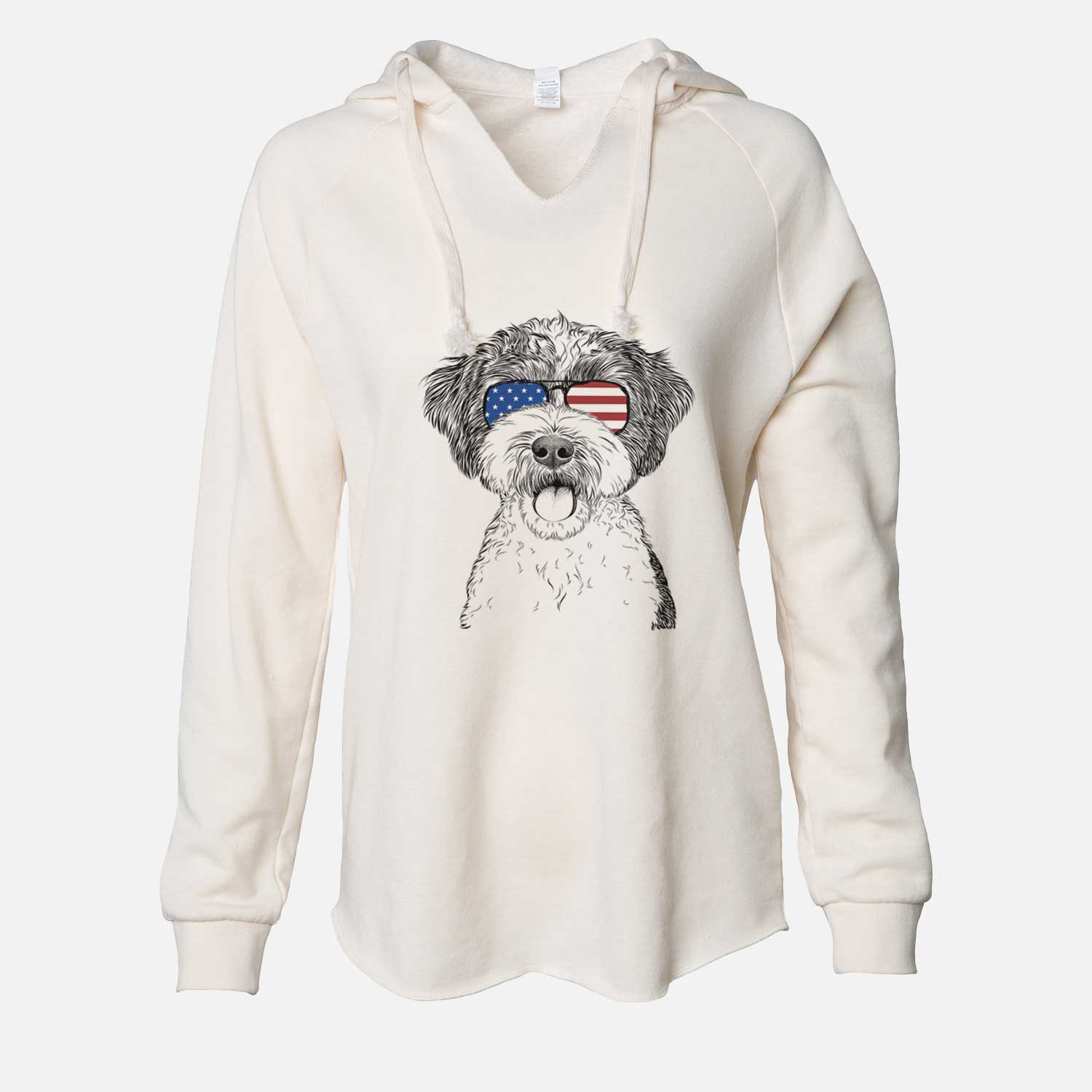 Hand-drawn sketch of Bella the Cockapoo wearing American flag sunglasses on a Bone Cali Wave Hooded Sweatshirt