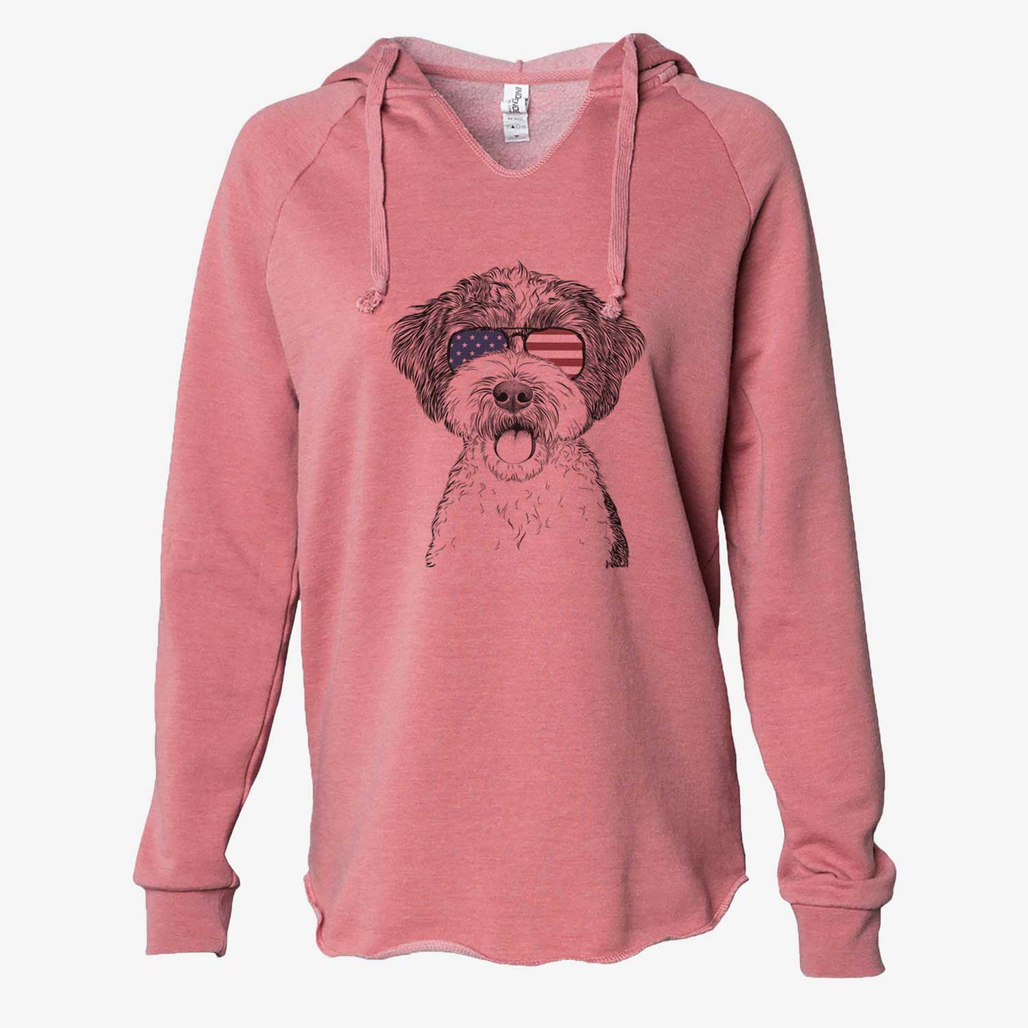 Hand-drawn sketch of Bella the Cockapoo wearing American flag sunglasses on a Dusty Rose Cali Wave Hooded Sweatshirt
