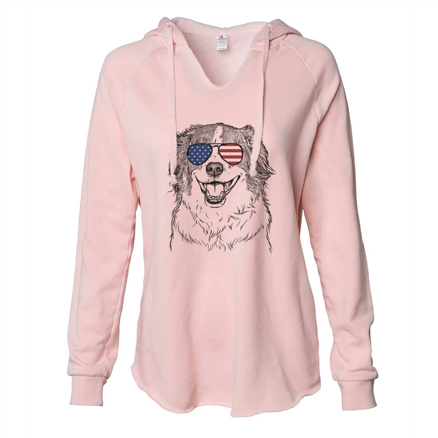 Hand-drawn sketch of Belle the Australian Shepherd Mix wearing American flag sunglasses on a Blush Cali Wave Hooded Sweatshirt