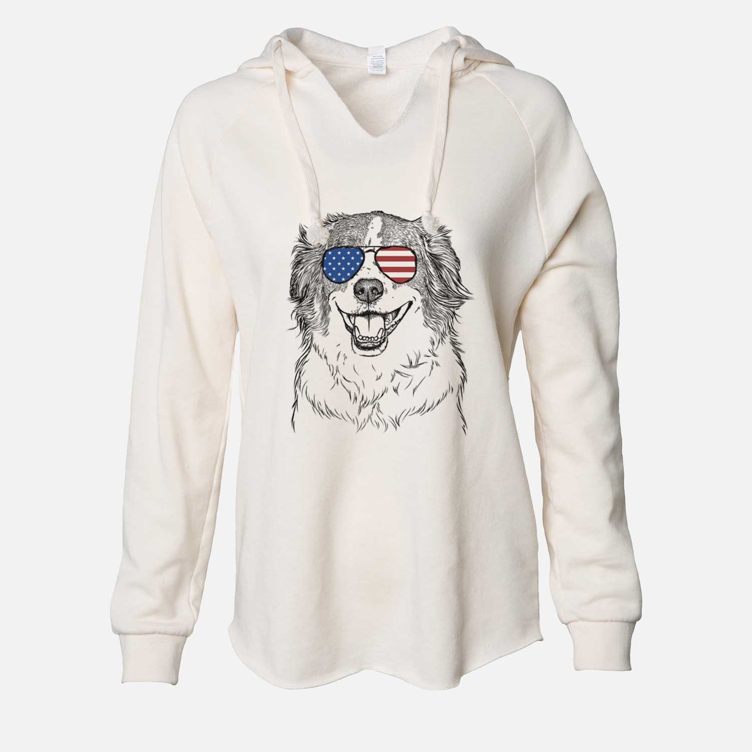Hand-drawn sketch of Belle the Australian Shepherd Mix wearing American flag sunglasses on a Bone Cali Wave Hooded Sweatshirt