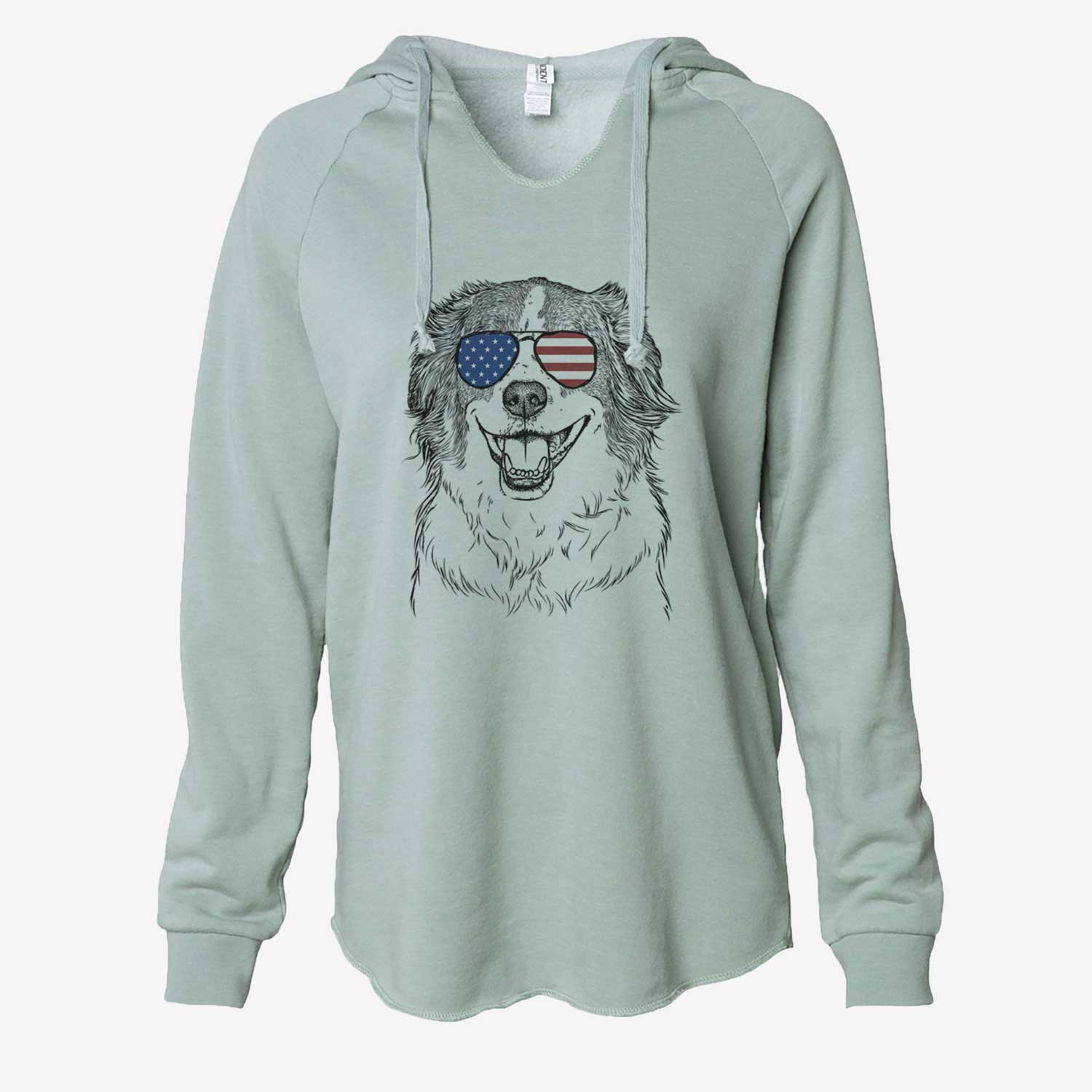 Hand-drawn sketch of Belle the Australian Shepherd Mix wearing American flag sunglasses on a Sage Cali Wave Hooded Sweatshirt
