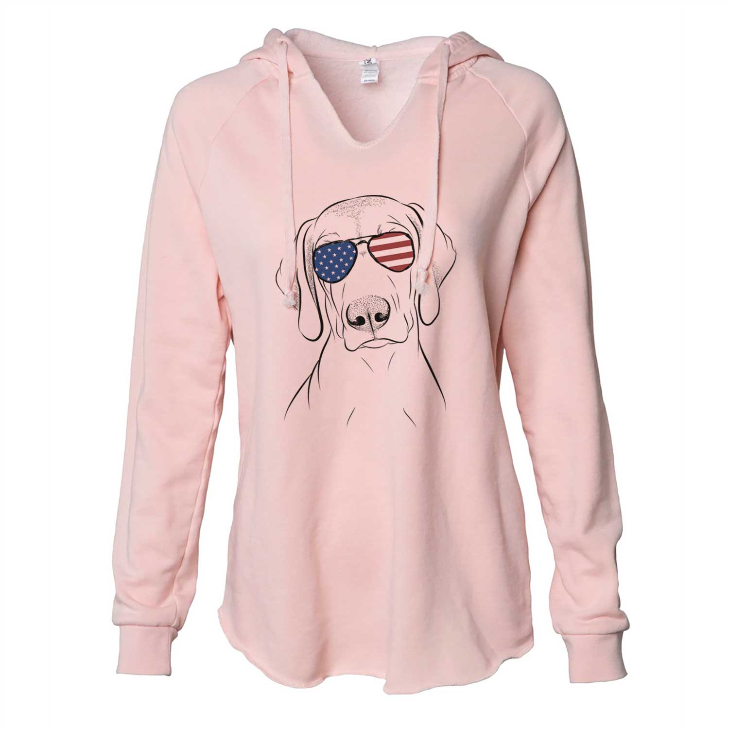 Hand-drawn sketch of Benelli the Vizsla wearing American flag sunglasses on a Blush Cali Wave Hooded Sweatshirt