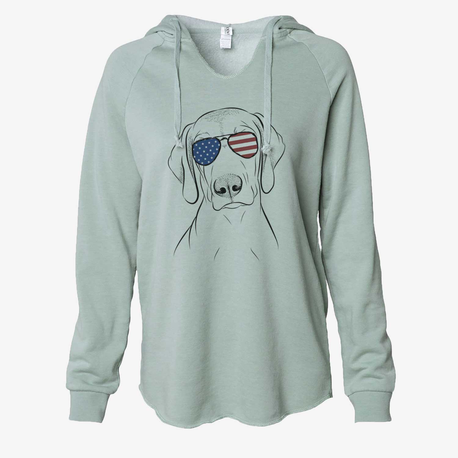 Hand-drawn sketch of Benelli the Vizsla wearing American flag sunglasses on a Sage Cali Wave Hooded Sweatshirt