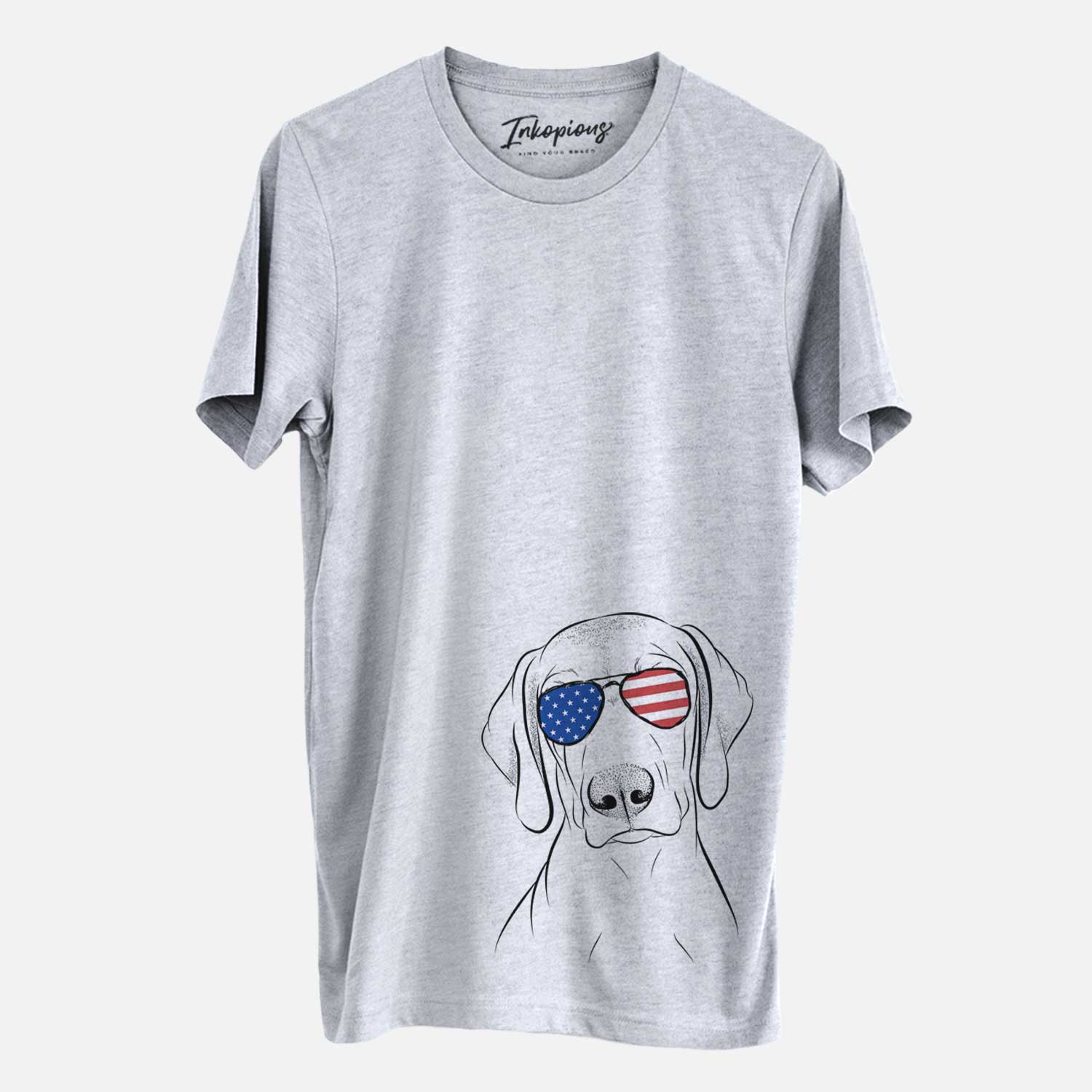 Hand-drawn sketch of Benelli the Vizsla wearing American flag sunglasses on a Grey Unisex crewneck