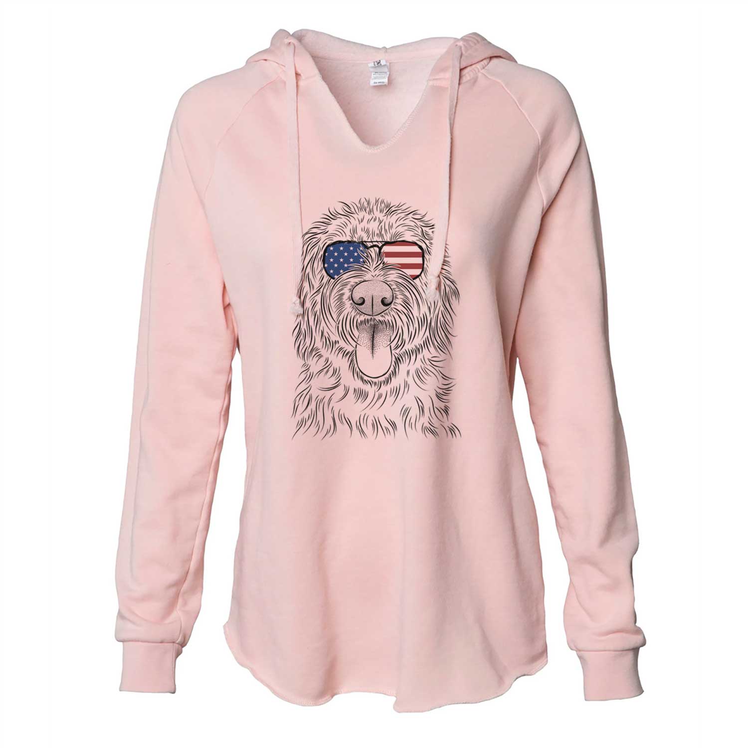 Hand-drawn sketch of Bennett the Doodle wearing American flag sunglasses on a Blush Cali Wave Hooded Sweatshirt