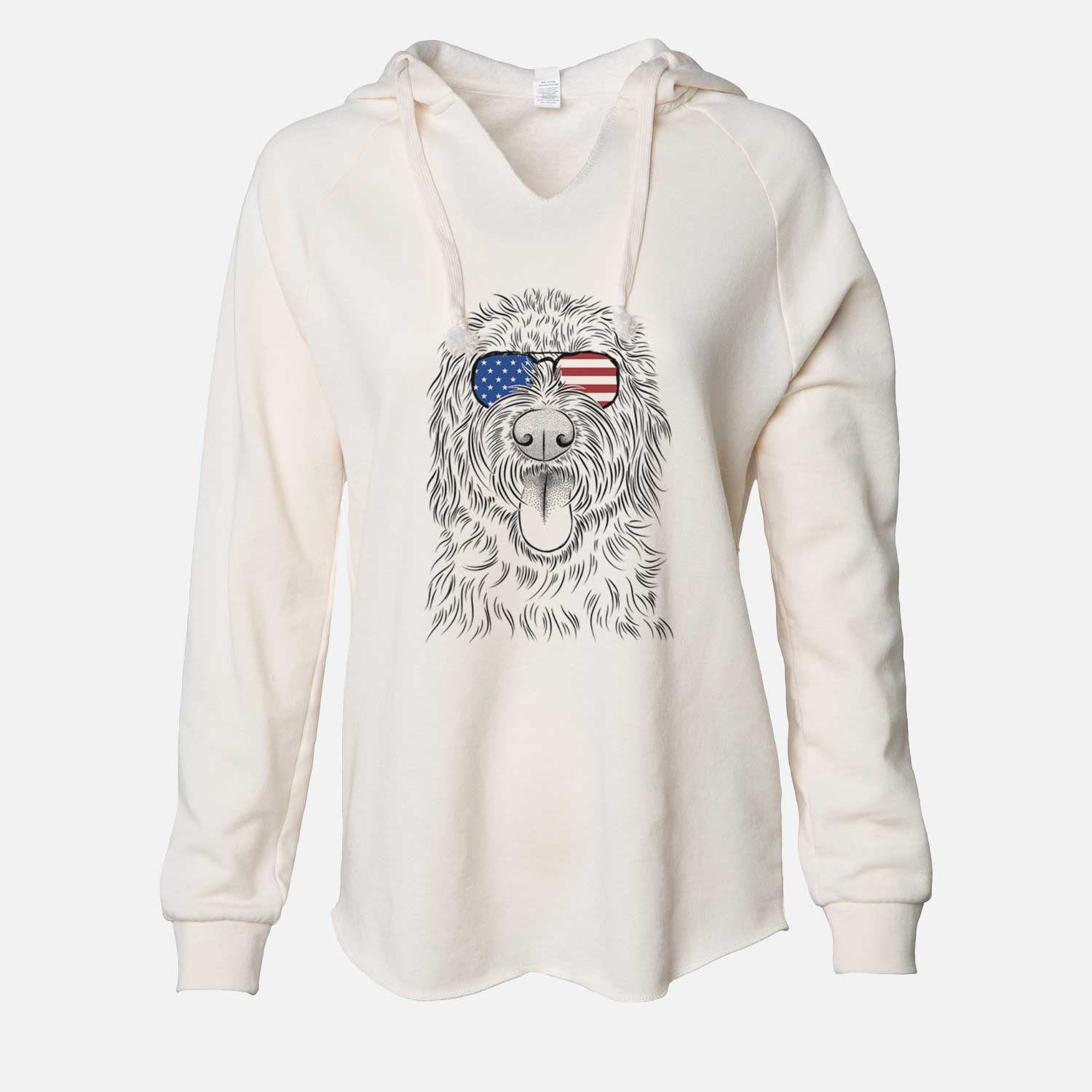 Hand-drawn sketch of Bennett the Doodle wearing American flag sunglasses on a Bone Cali Wave Hooded Sweatshirt