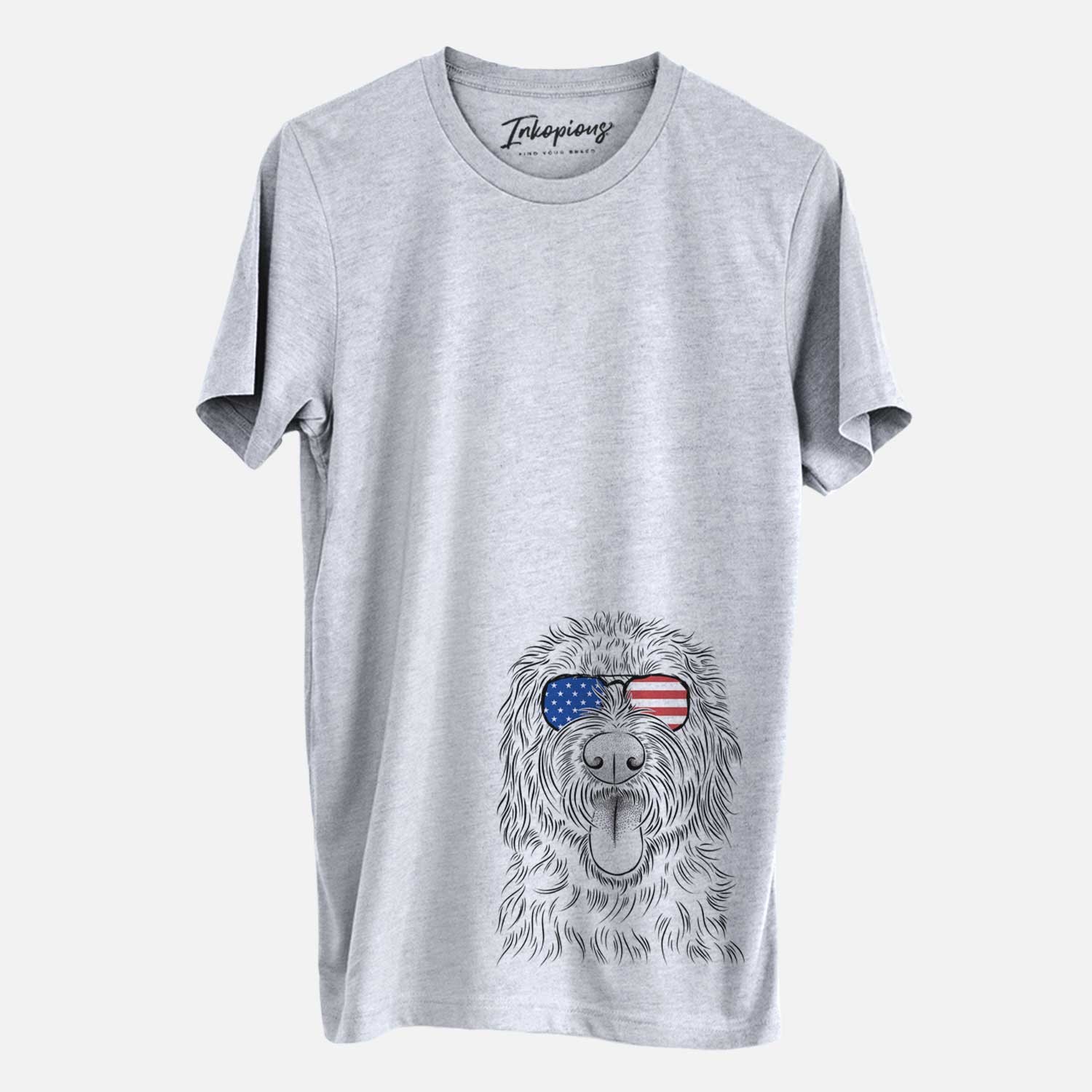 Hand-drawn sketch of Bennett the Doodle wearing American flag sunglasses on a Grey Unisex crewneck