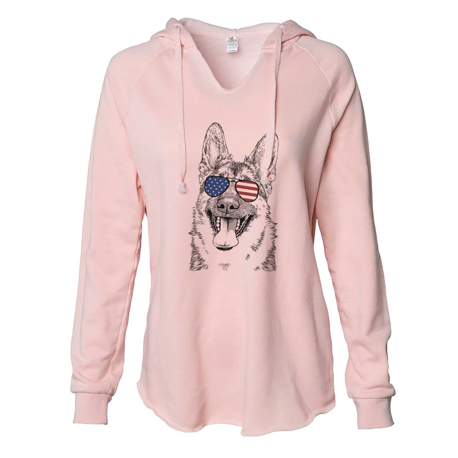 Hand-drawn sketch of Benson the German Shepherd wearing American flag sunglasses on a Blush Cali Wave Hooded Sweatshirt