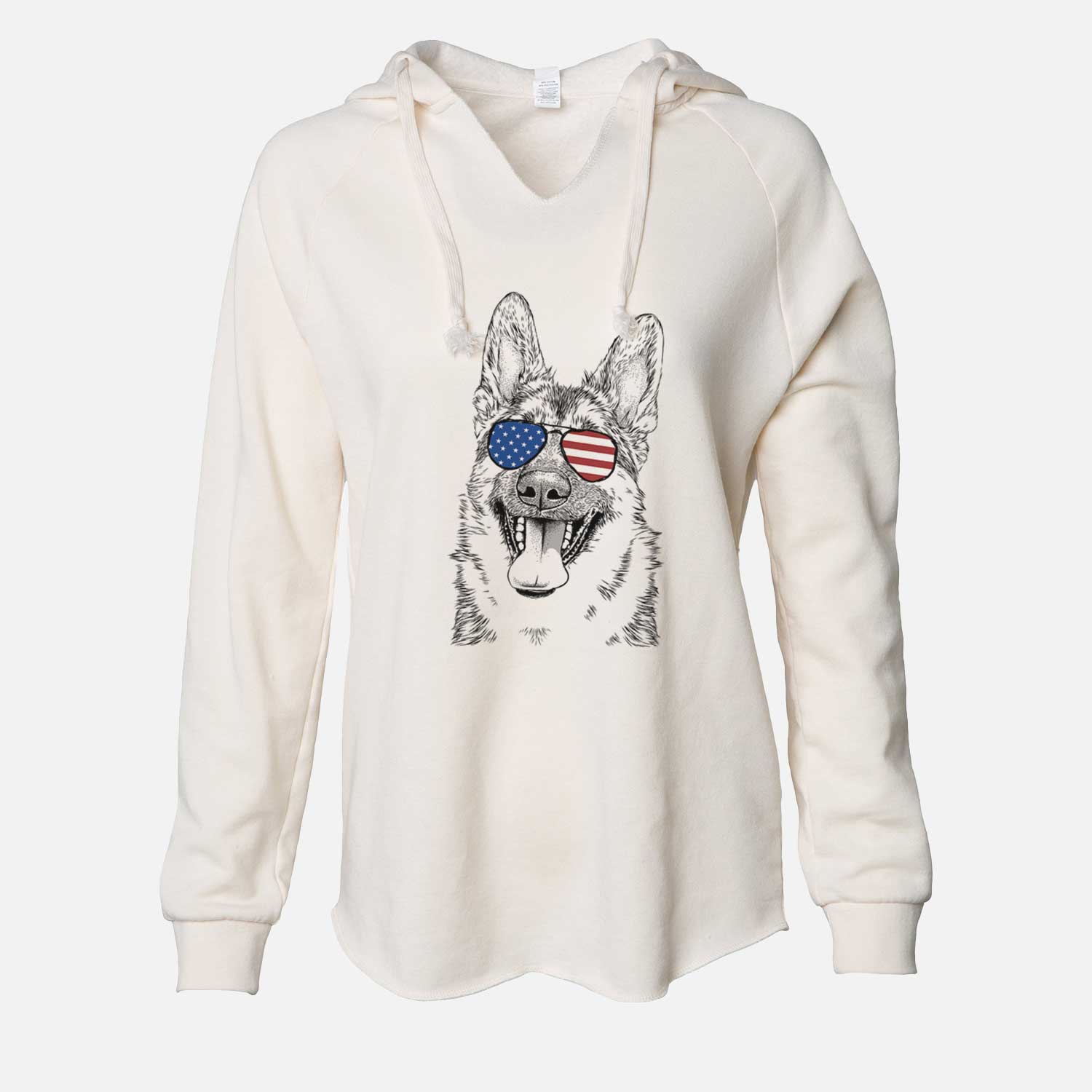 Hand-drawn sketch of Benson the German Shepherd wearing American flag sunglasses on a Bone Cali Wave Hooded Sweatshirt