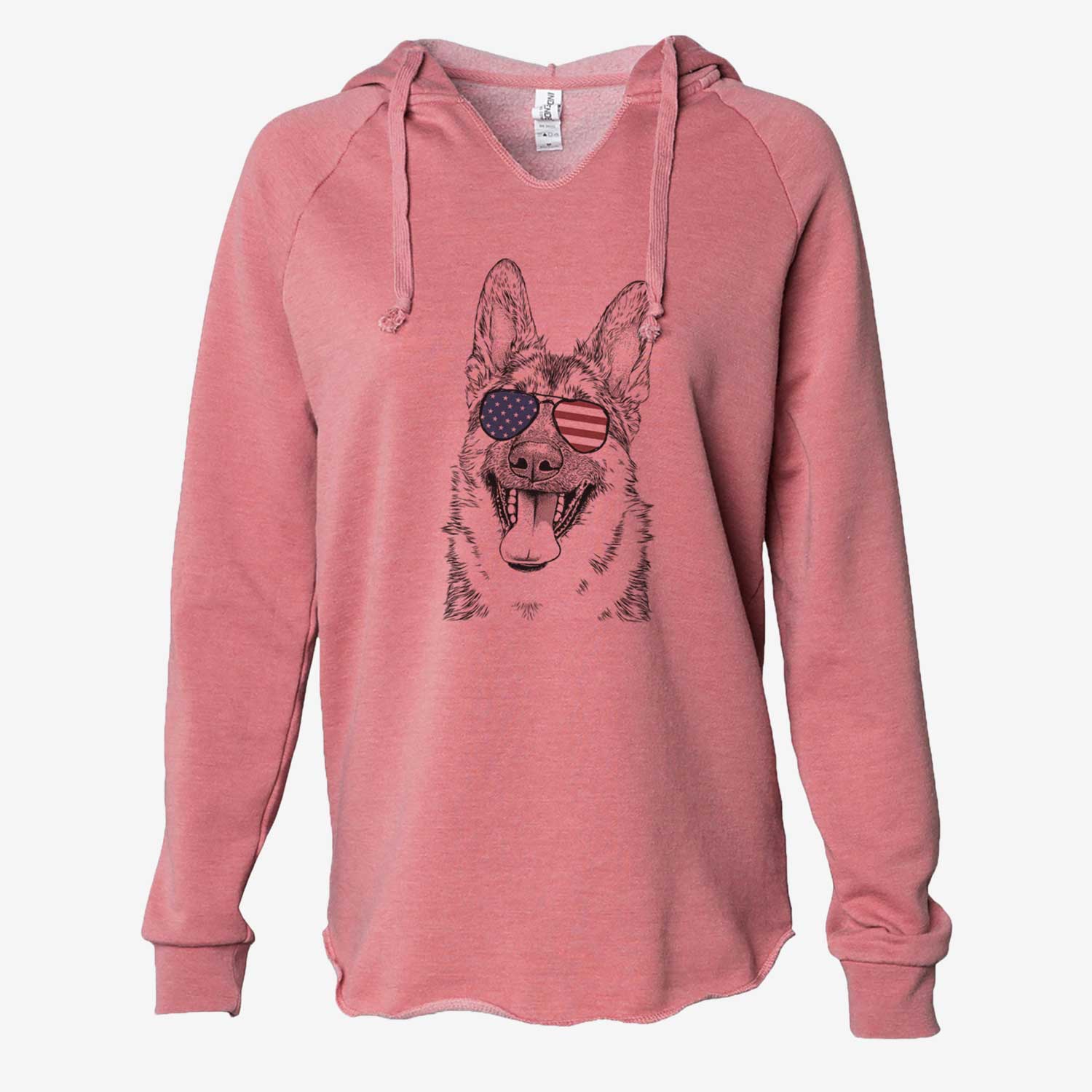 Hand-drawn sketch of Benson the German Shepherd wearing American flag sunglasses on a Dusty Rose Cali Wave Hooded Sweatshirt