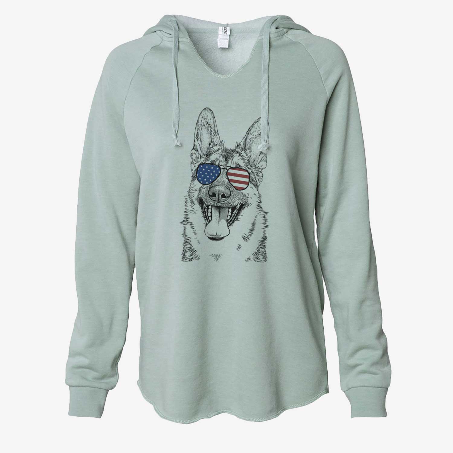 Hand-drawn sketch of Benson the German Shepherd wearing American flag sunglasses on a Sage Cali Wave Hooded Sweatshirt