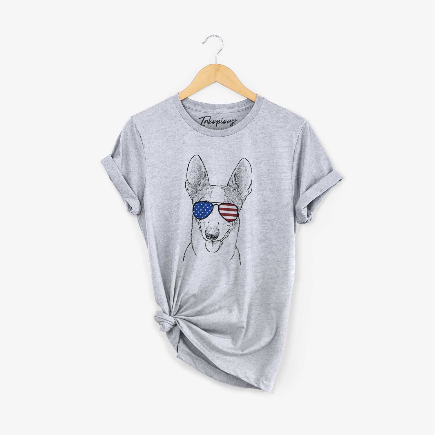 Hand-drawn sketch of Berlin the Carolina Dog wearing American flag sunglasses on a Grey Unisex crewneck