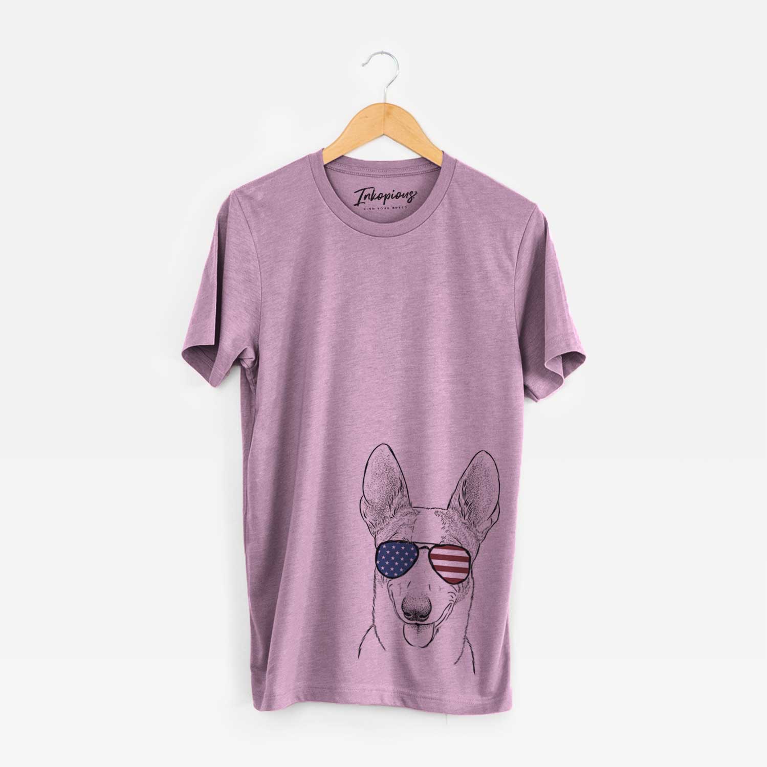 Hand-drawn sketch of Berlin the Carolina Dog wearing American flag sunglasses on an Orchid Unisex crewneck