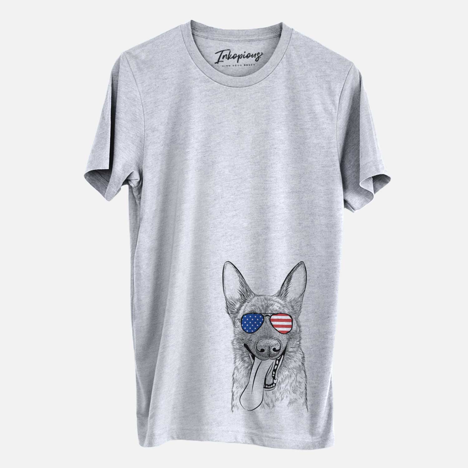 Hand-drawn sketch of Bessa the Dutch Shepherd wearing American flag sunglasses on a Grey Unisex crewneck