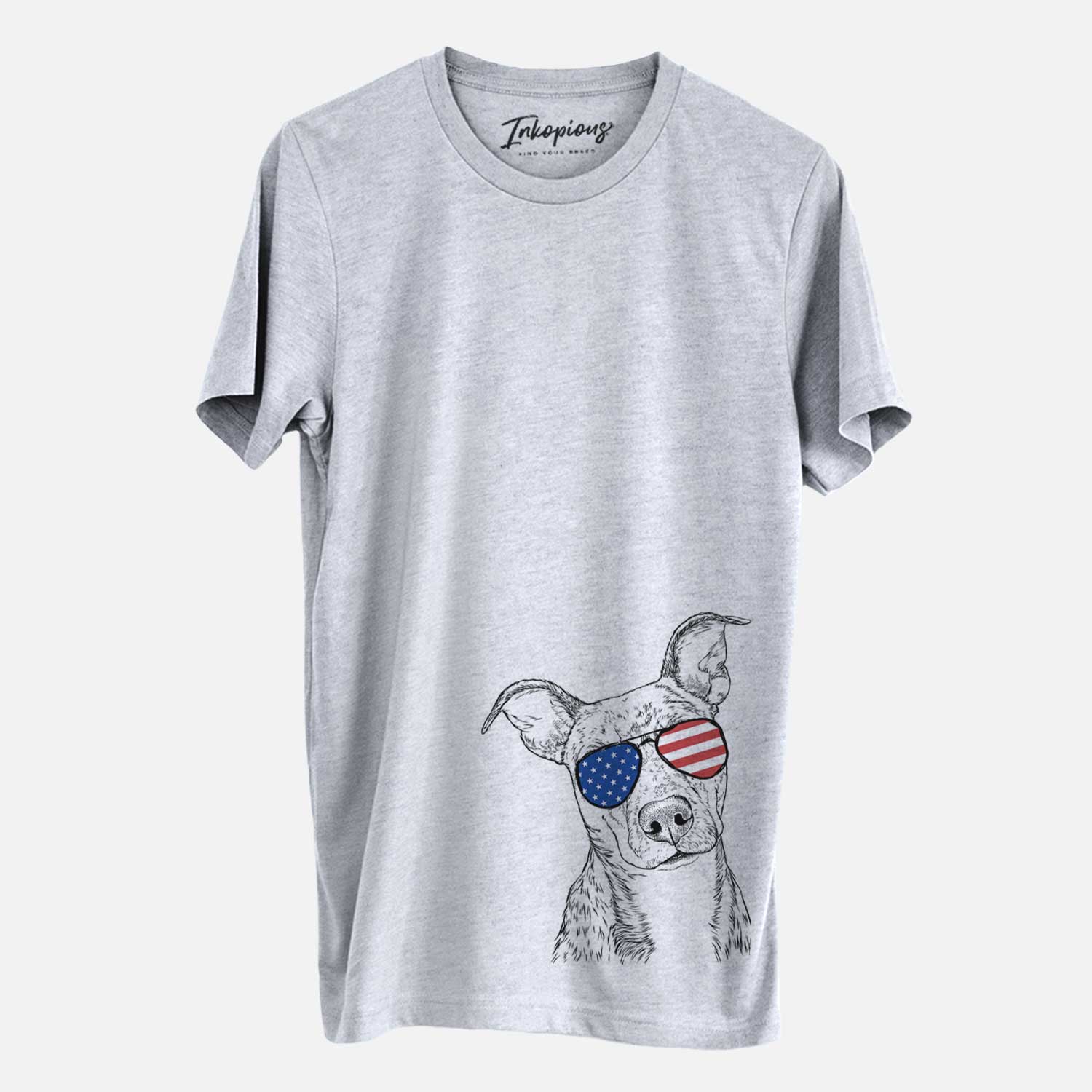 Hand-drawn sketch of Bianca the Mixed Breed wearing American flag sunglasses on a Grey Unisex crewneck