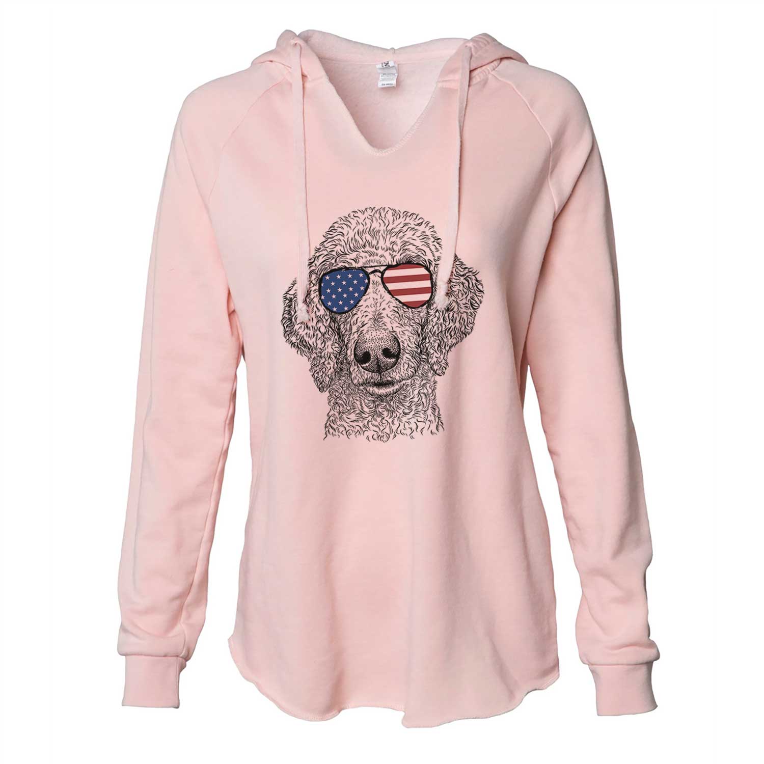 Hand-drawn sketch of Blossom the Poodle wearing American flag sunglasses on a Blush Cali Wave Hooded Sweatshirt