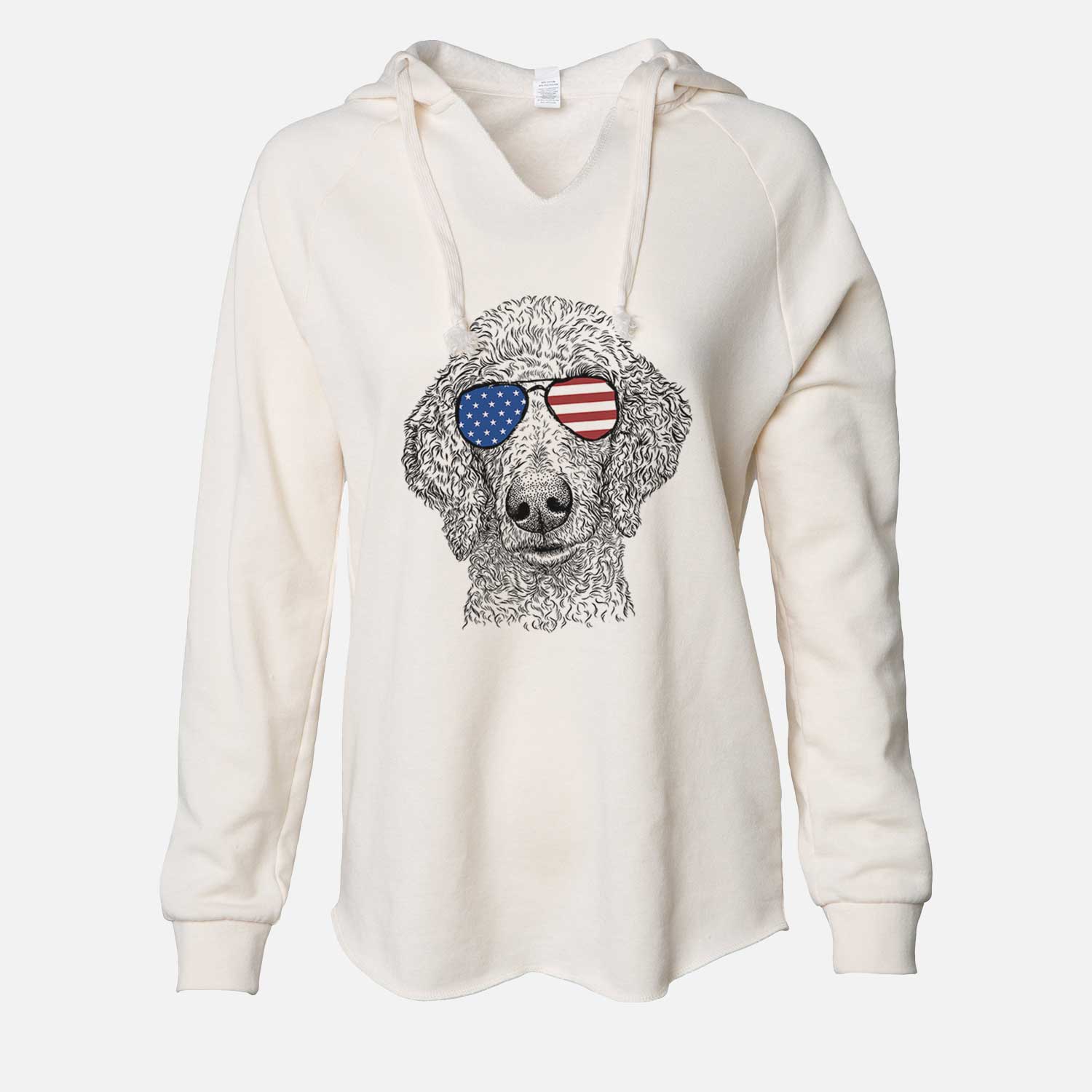 Hand-drawn sketch of Blossom the Poodle wearing American flag sunglasses on a Bone Cali Wave Hooded Sweatshirt