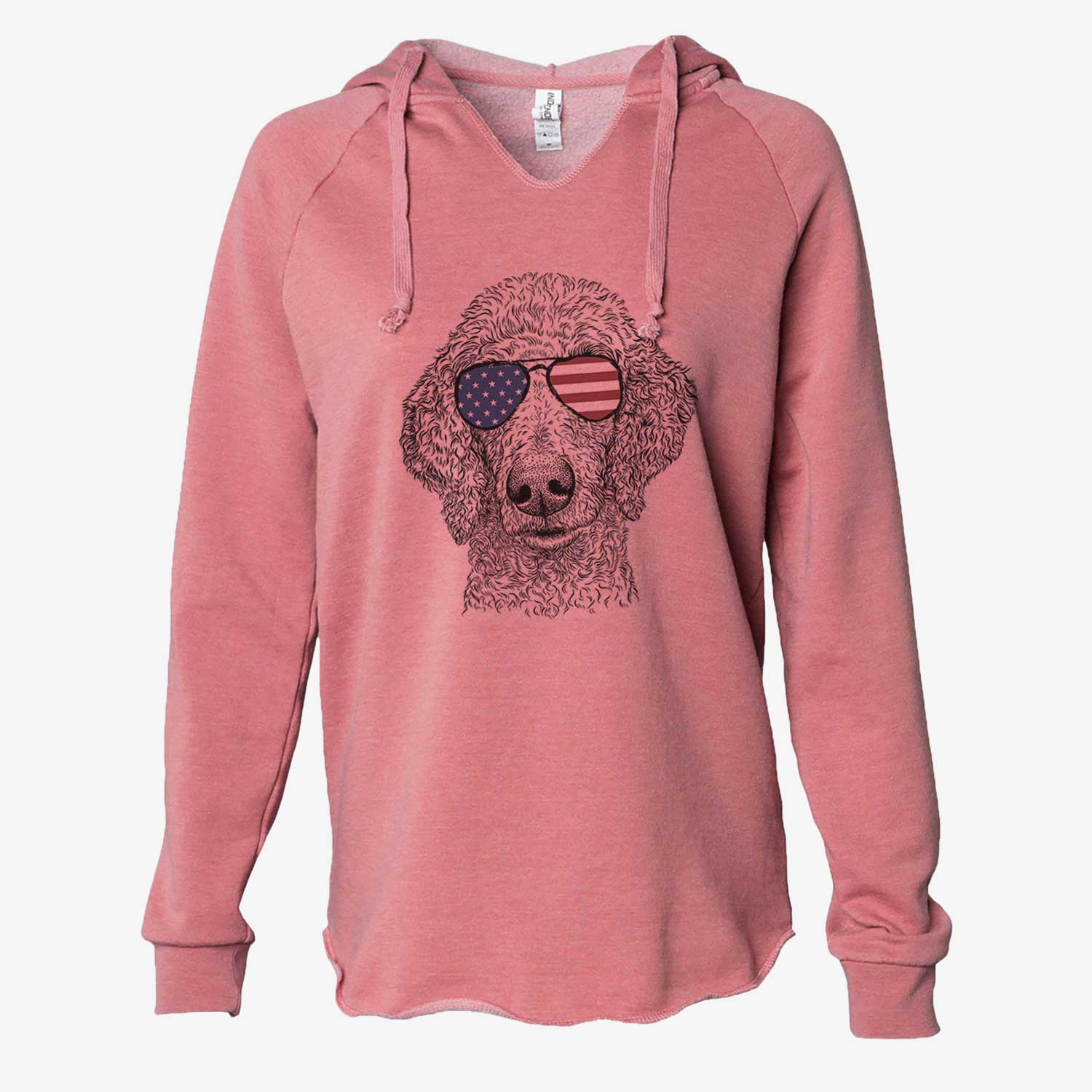 Hand-drawn sketch of Blossom the Poodle wearing American flag sunglasses on a Dusty Rose Cali Wave Hooded Sweatshirt