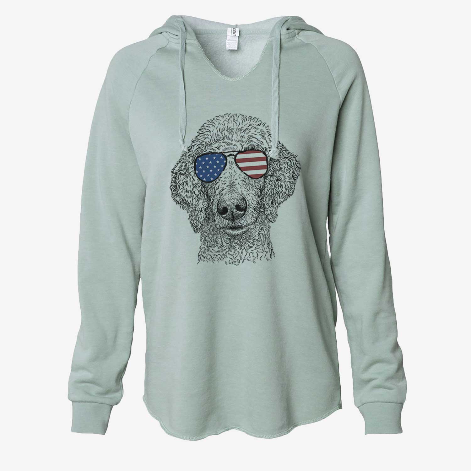 Hand-drawn sketch of Blossom the Poodle wearing American flag sunglasses on a Sage Cali Wave Hooded Sweatshirt