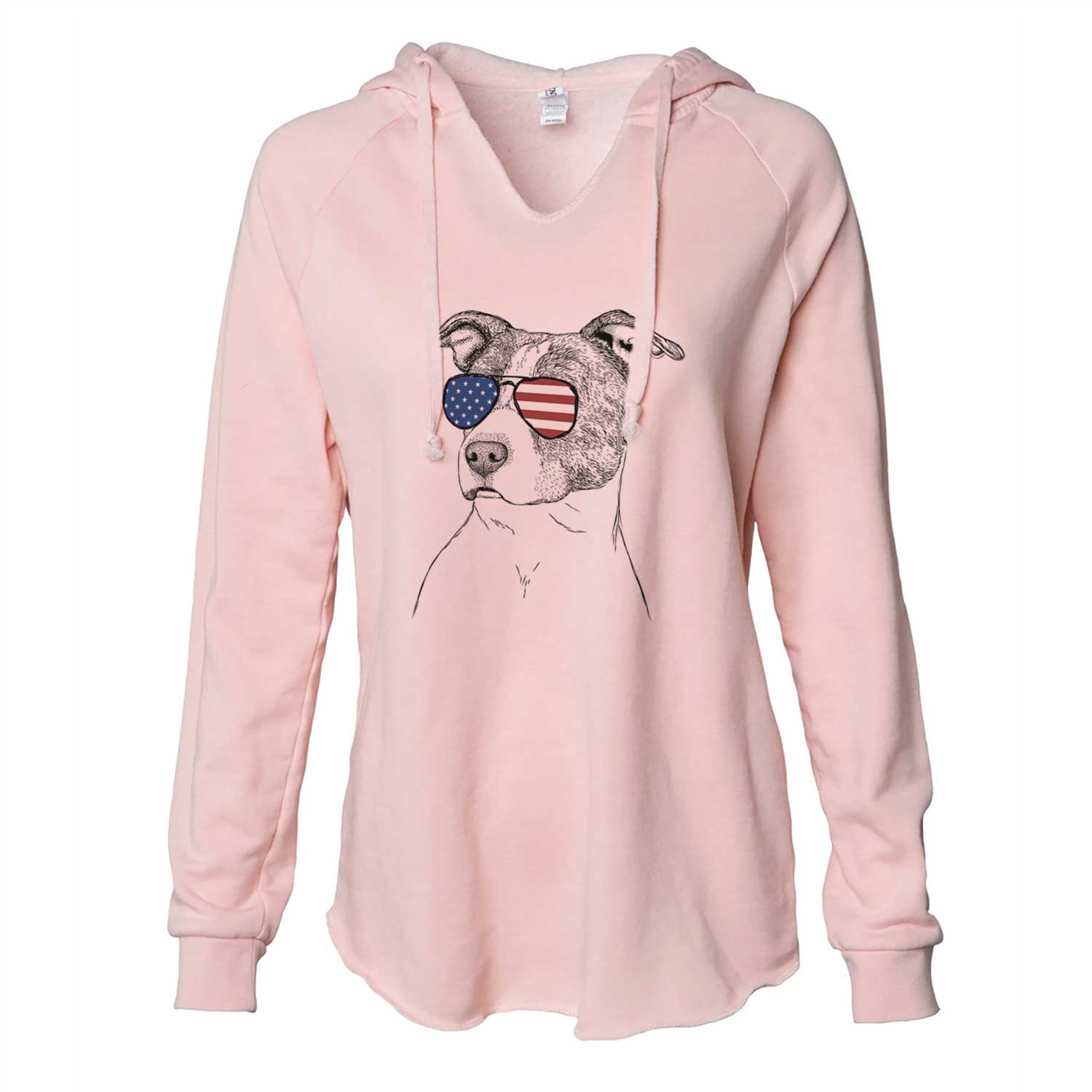 Hand-drawn sketch of Blu the Pitbull wearing American flag sunglasses on a Blush Cali Wave Hooded Sweatshirt