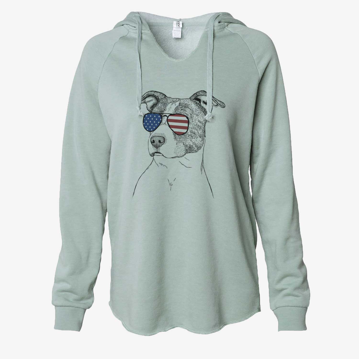 Hand-drawn sketch of Blu the Pitbull wearing American flag sunglasses on a Sage Cali Wave Hooded Sweatshirt