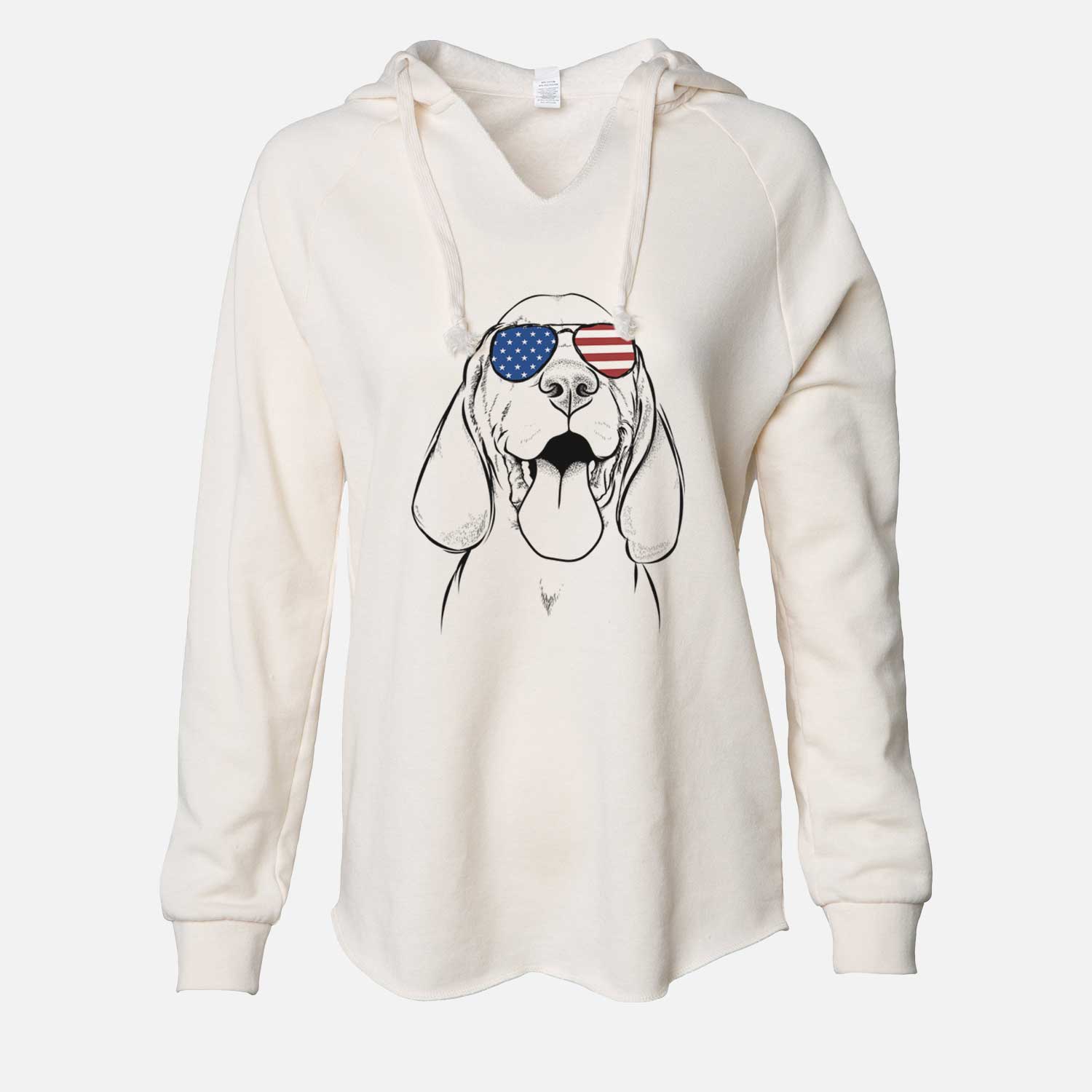 Hand-drawn sketch of Bodi the Vizsla wearing American flag sunglasses on a Bone Cali Wave Hooded Sweatshirt