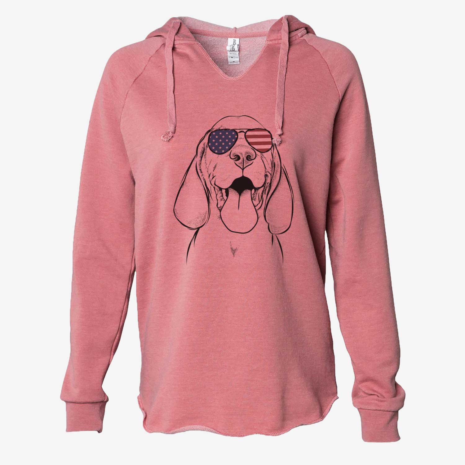 Hand-drawn sketch of Bodi the Vizsla wearing American flag sunglasses on a Dusty Rose Cali Wave Hooded Sweatshirt