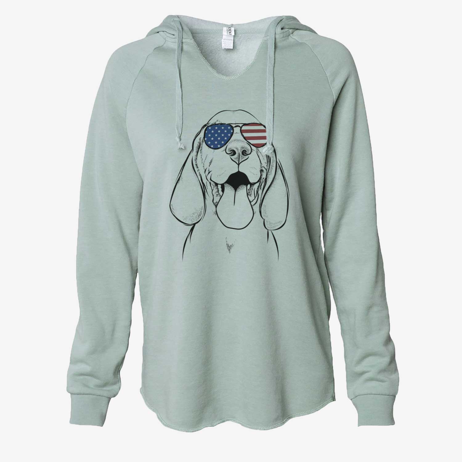 Hand-drawn sketch of Bodi the Vizsla wearing American flag sunglasses on a Sage Cali Wave Hooded Sweatshirt